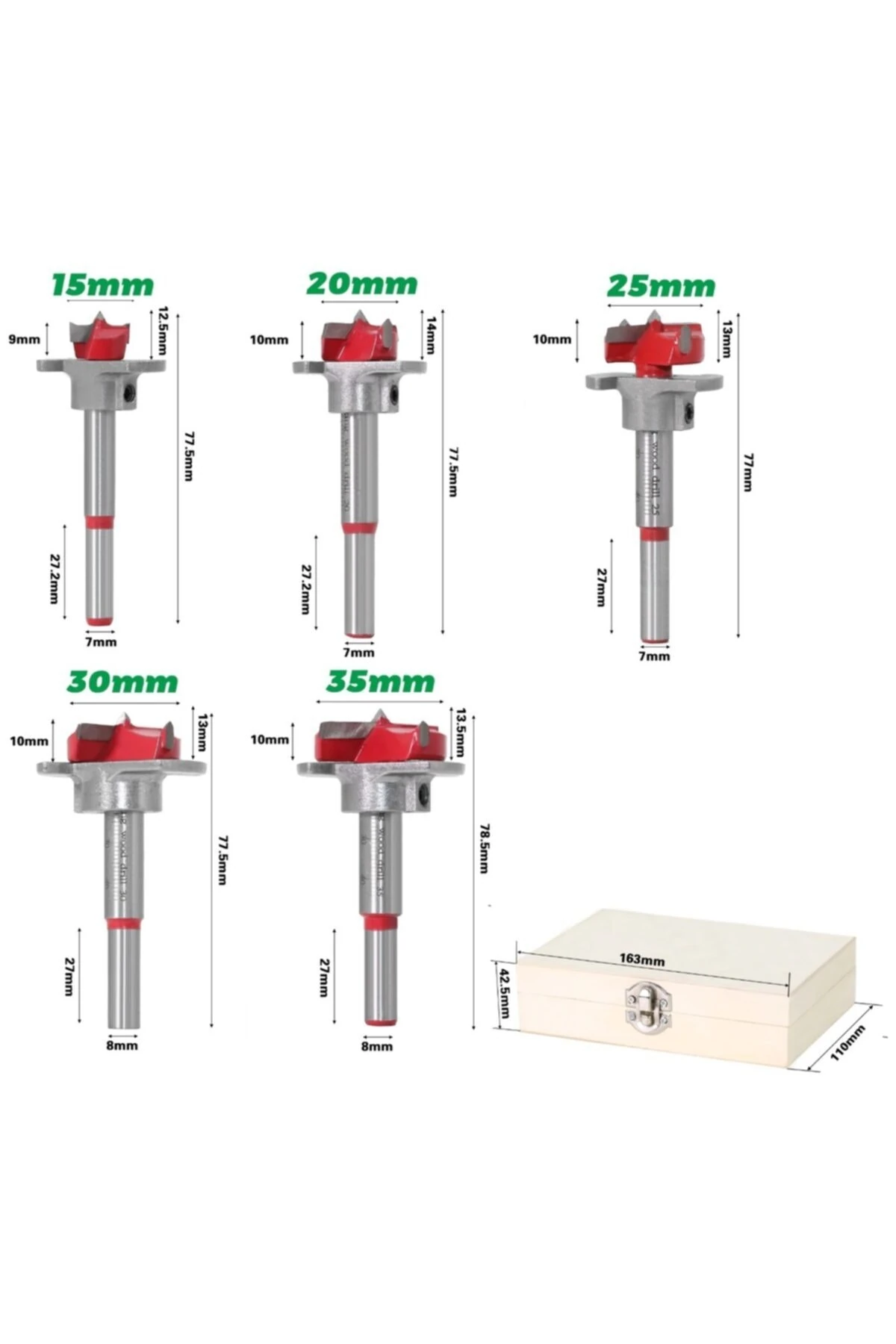 Ahşap Freze Bıçağı Yuvarlak Panc 5 Adet Çantalı Takım Matkap Ucu 15 mm 20 mm 25 mm 30 mm 35 mm