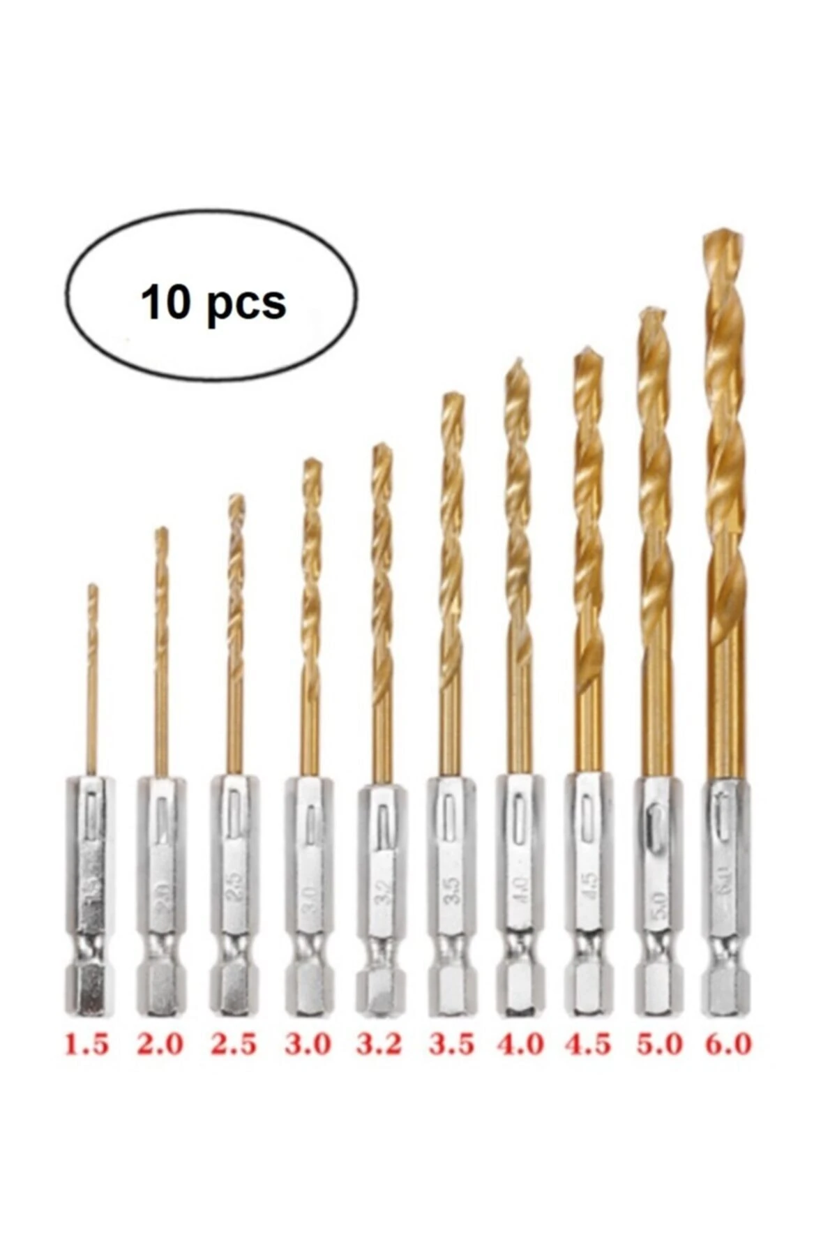 Hss Çelik Titanyum Kaplı Matkap Uç Seti 10 Parça Altıgen Saplı 1/4 Hex Ahşap Metal Uç Takımı