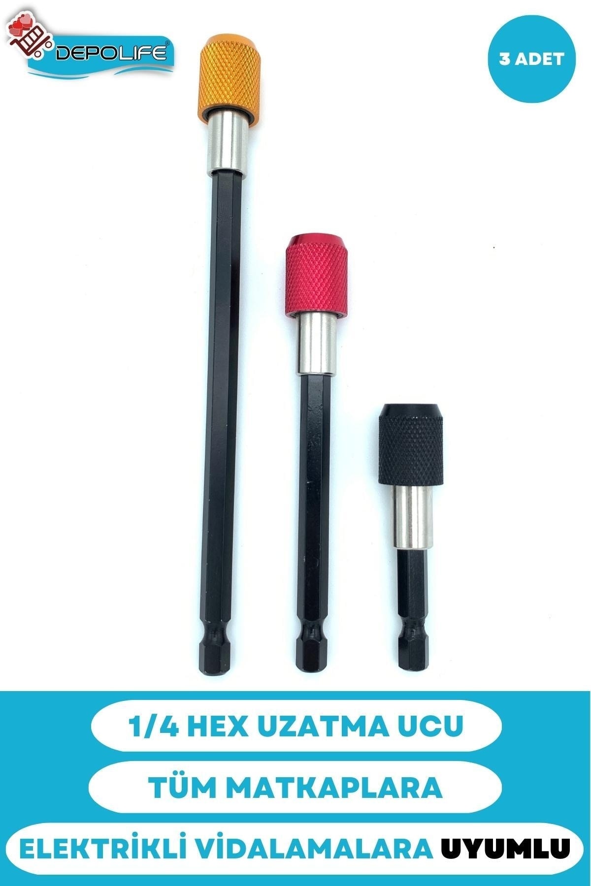 1/4 Bits Hex Altıgen Uçlu Uzatma Adaptörü Mıknatıslı Vidalama 3lü Set 6 10 15 Cm