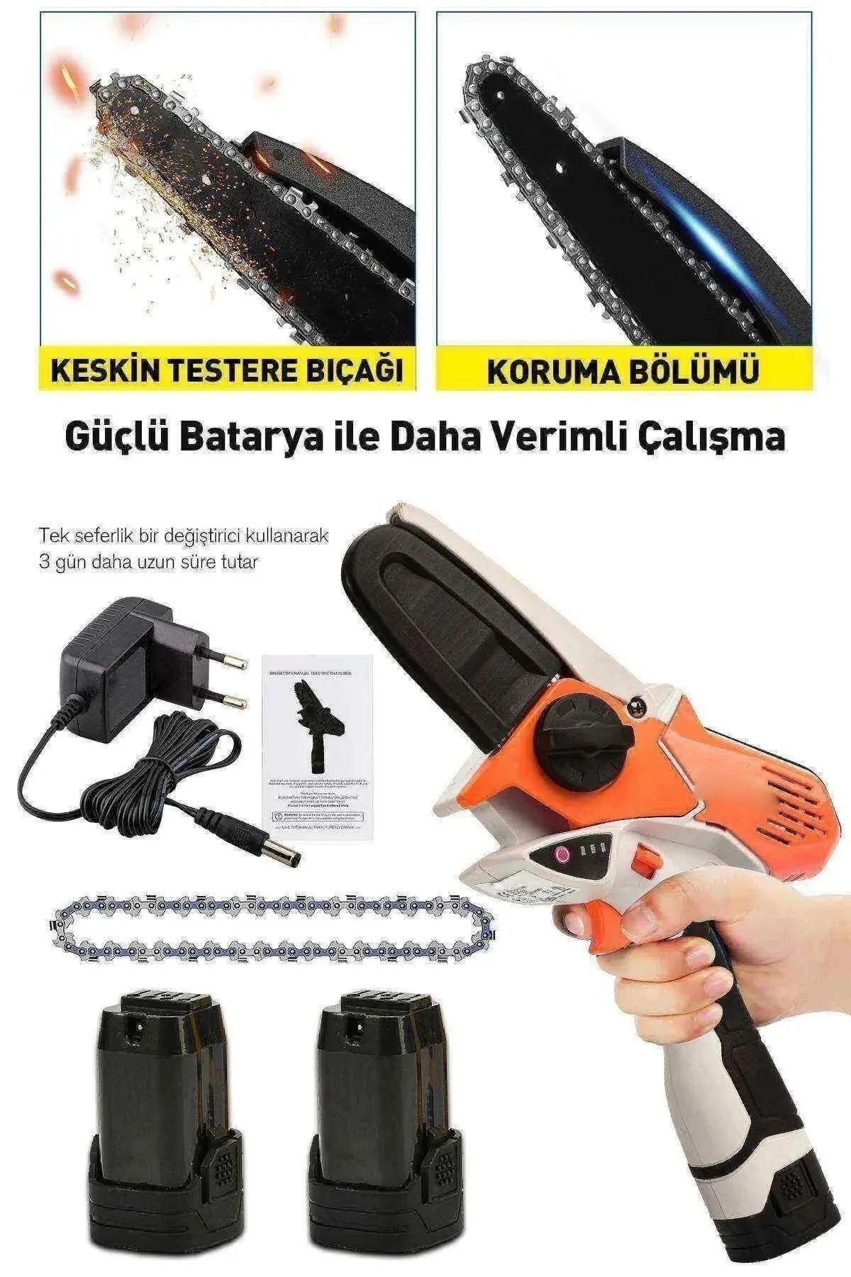 Şarjlı zincirli testere ağaç ahşap kesmek için Şarjlı çift akülü testere ağaç dal budama testeresi