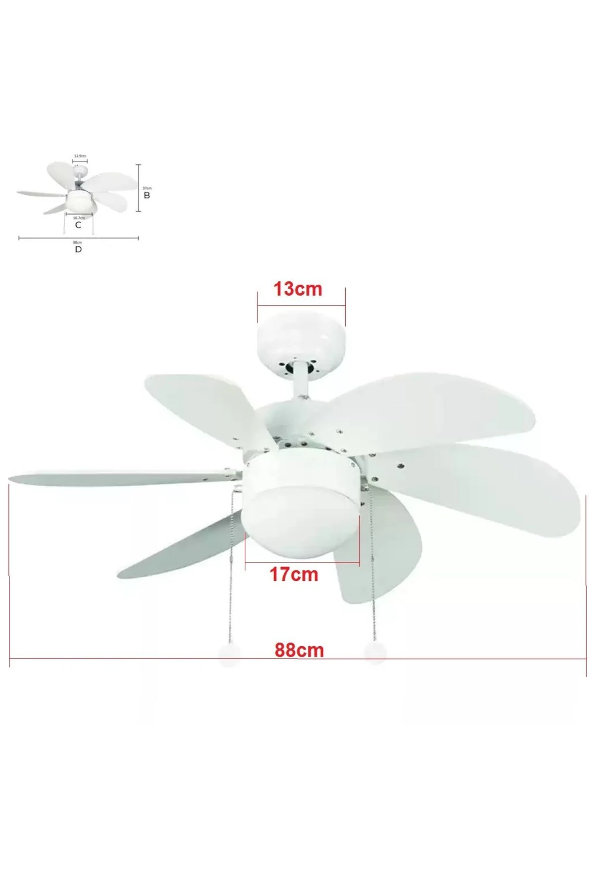 Tavan Vantilatörü 6 kanatlı Aydınlatmalı beyaz 76cm Tavan Pervanesi