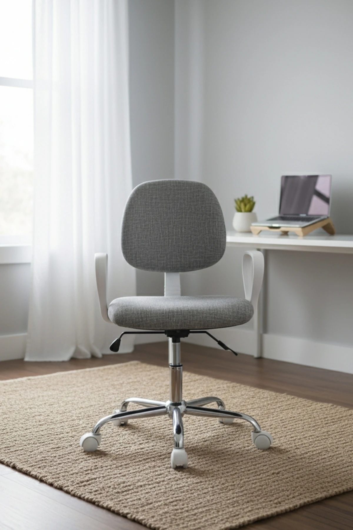  Ev Ofis Sekreter Personel Çalışma Sandalyesi Geriye Yatma Krom Beyaz Büro Ders Oyuncu Koltuğu - Gri Keten Ekose - Krom