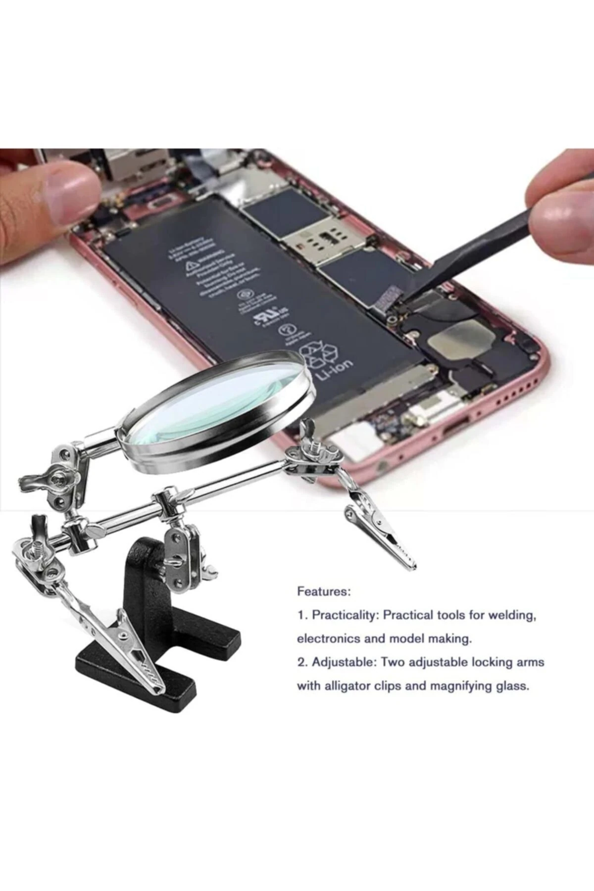 Elektronikçi Lehimleme Kıskaçlı Büyüteç Robot Kollu Mercekli Kuyumcu Mikroskop Sabitleme Standı 5x