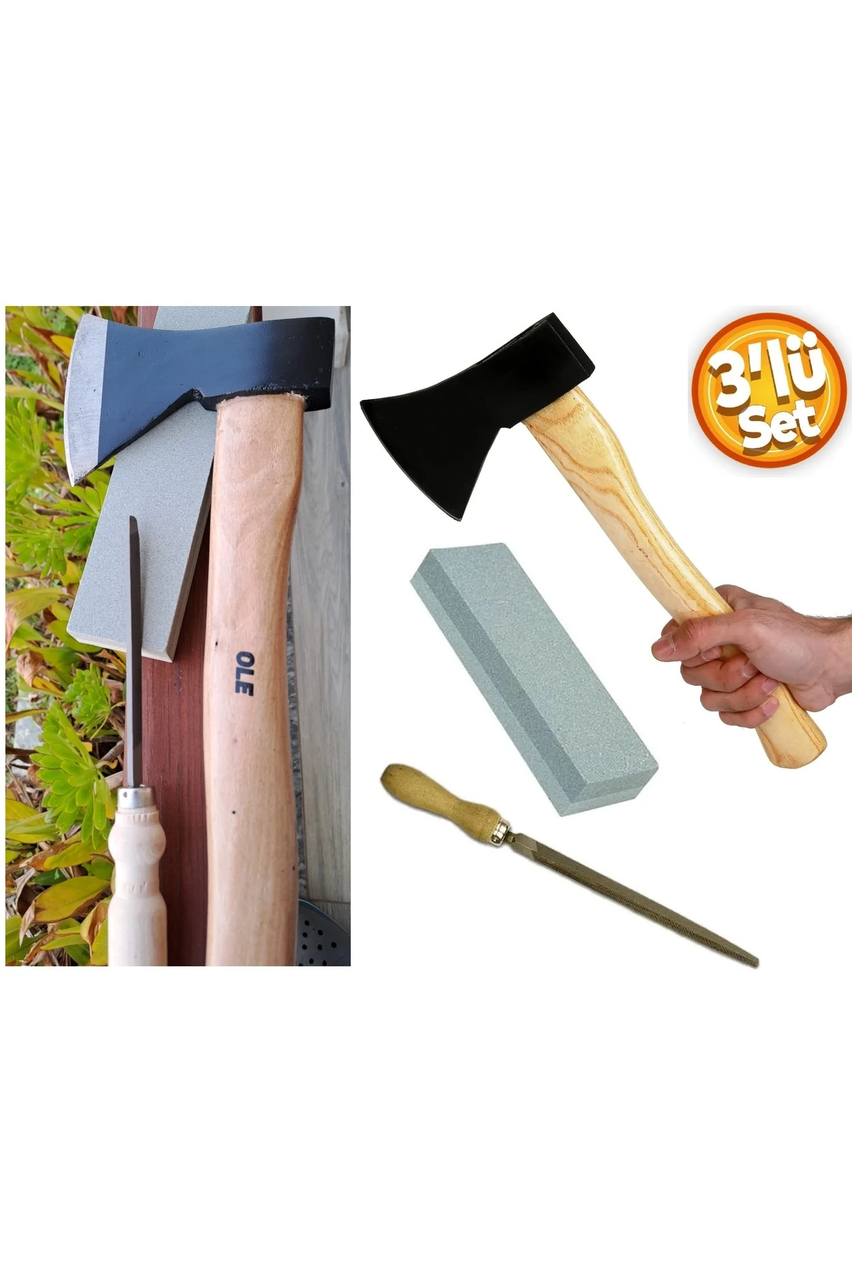 Ahşap Saplı Metal Balta Ahşap Kemik Kesme Tırpan Bileme Taşı Saplı Eğe Masat Seti 3 Parça set