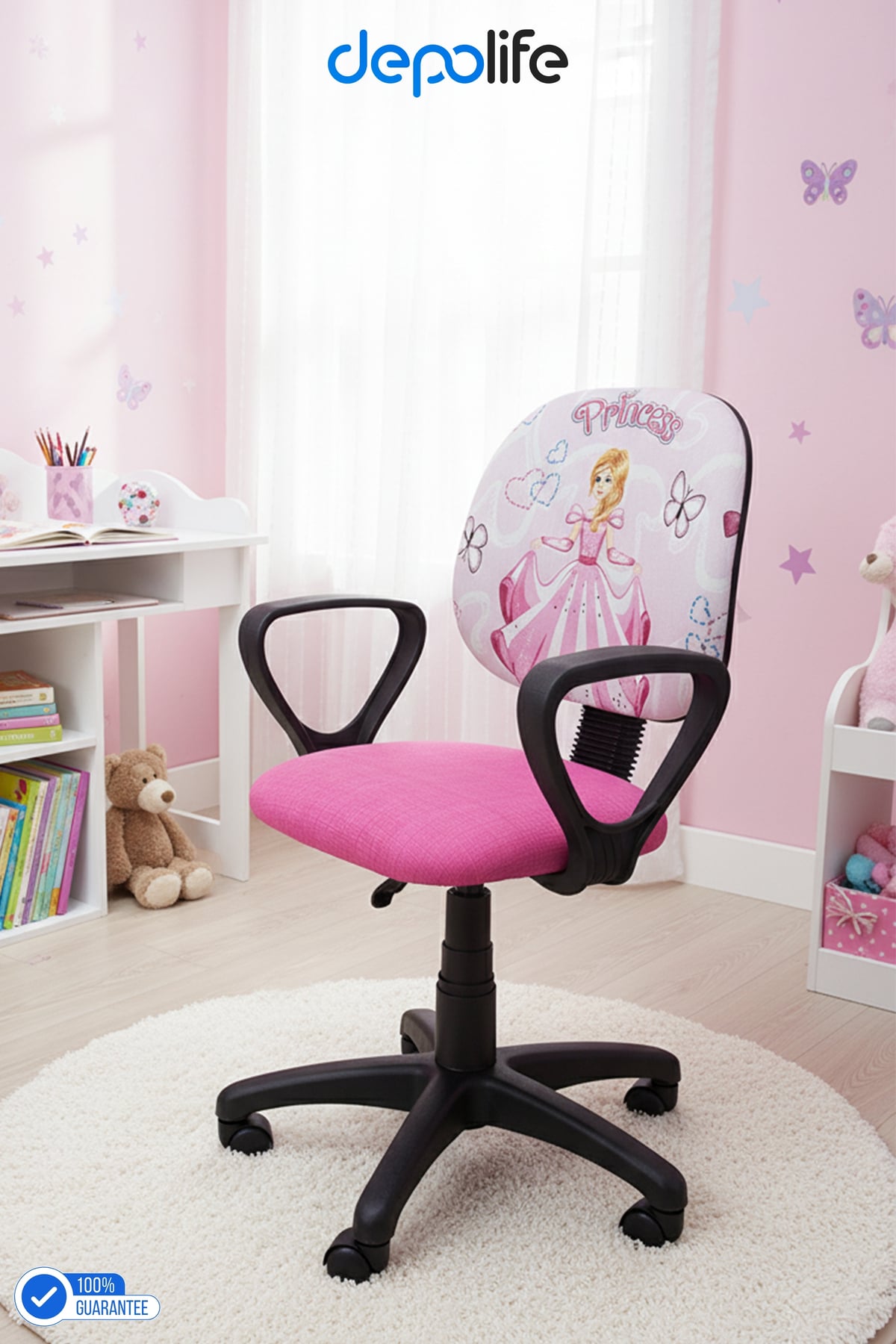 Çocuk Odası Ders Çalışma Ofis Koltuğu Sindirella Prenses Desenli Çocuk Sandalyesi Pembe