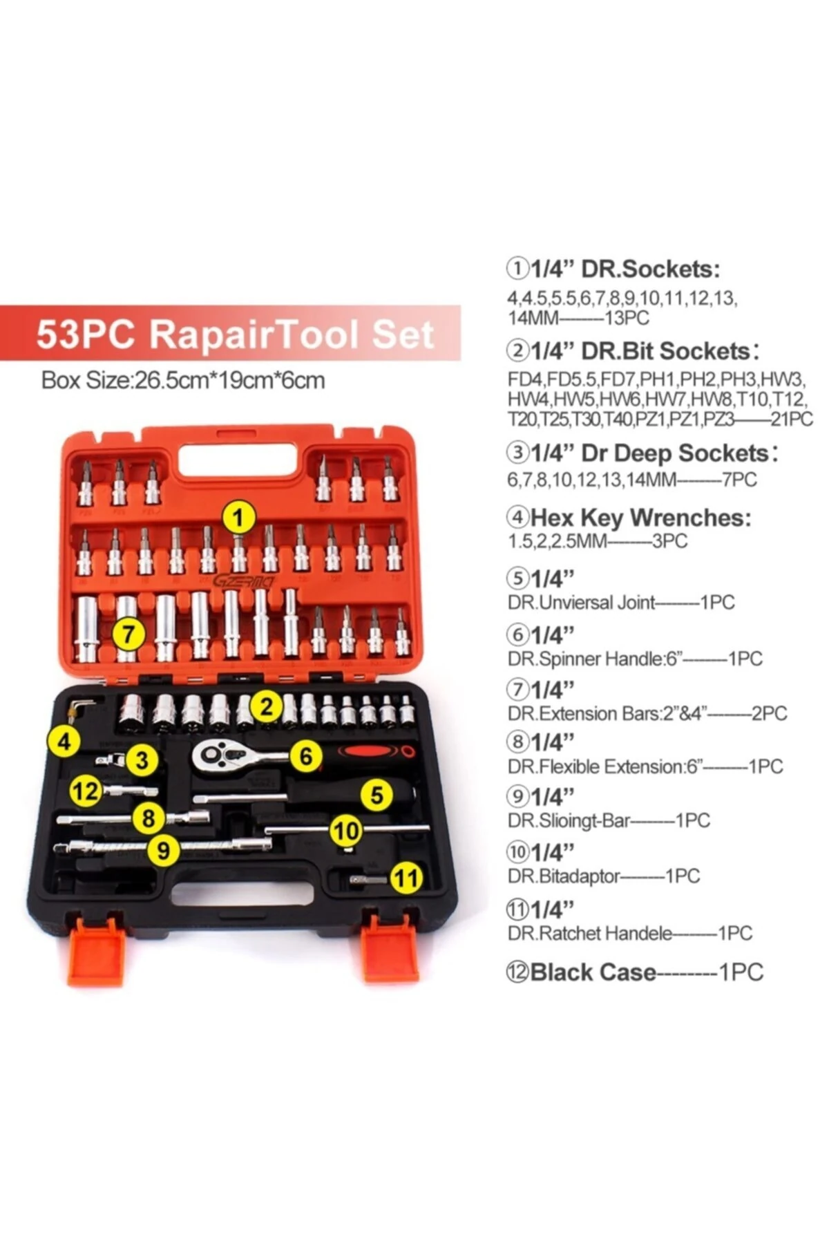 53 Parça Lokma Takımı Otomatik Cırcırlı 1/4 Uzatma Kolu Hex Adaptörlü Çantalı Set 1/4'' Profesyonel