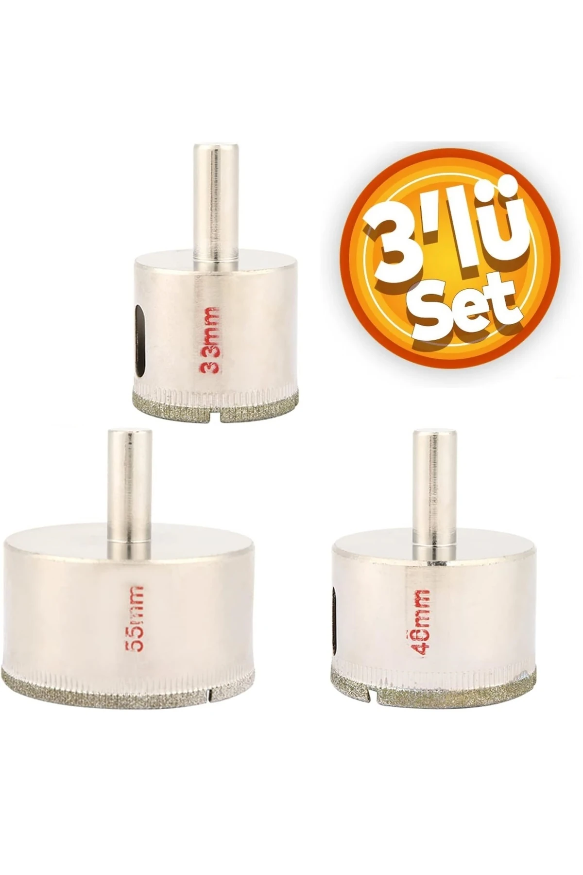 Mermer Granit Fayans Cam Yuvarlak Delme 33-48-50-55mm Matkap Uyumlu Elmaslı Boru Tipi 3lü Panc