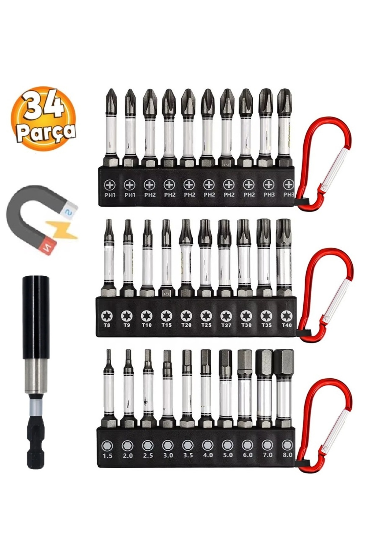 34 Parça Manyetik Hex Bits uç takımı Yıldız Alyan Düz bits Yıldız Bits Yıldız Alyan uzatma Adaptörlü