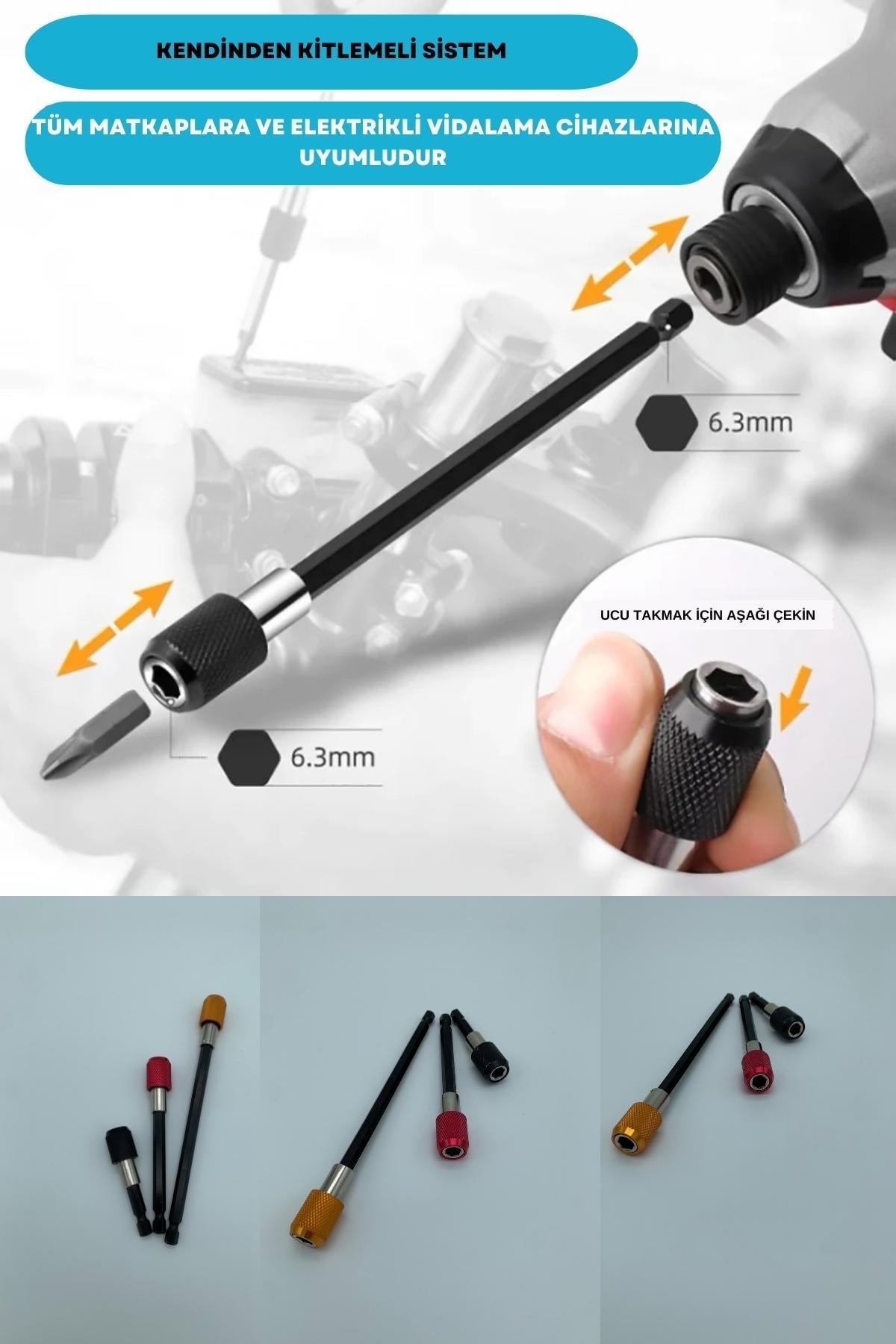 1/4 Bits Hex Altıgen Uçlu Uzatma Adaptörü Mıknatıslı Vidalama 3lü Set 6 10 15 Cm