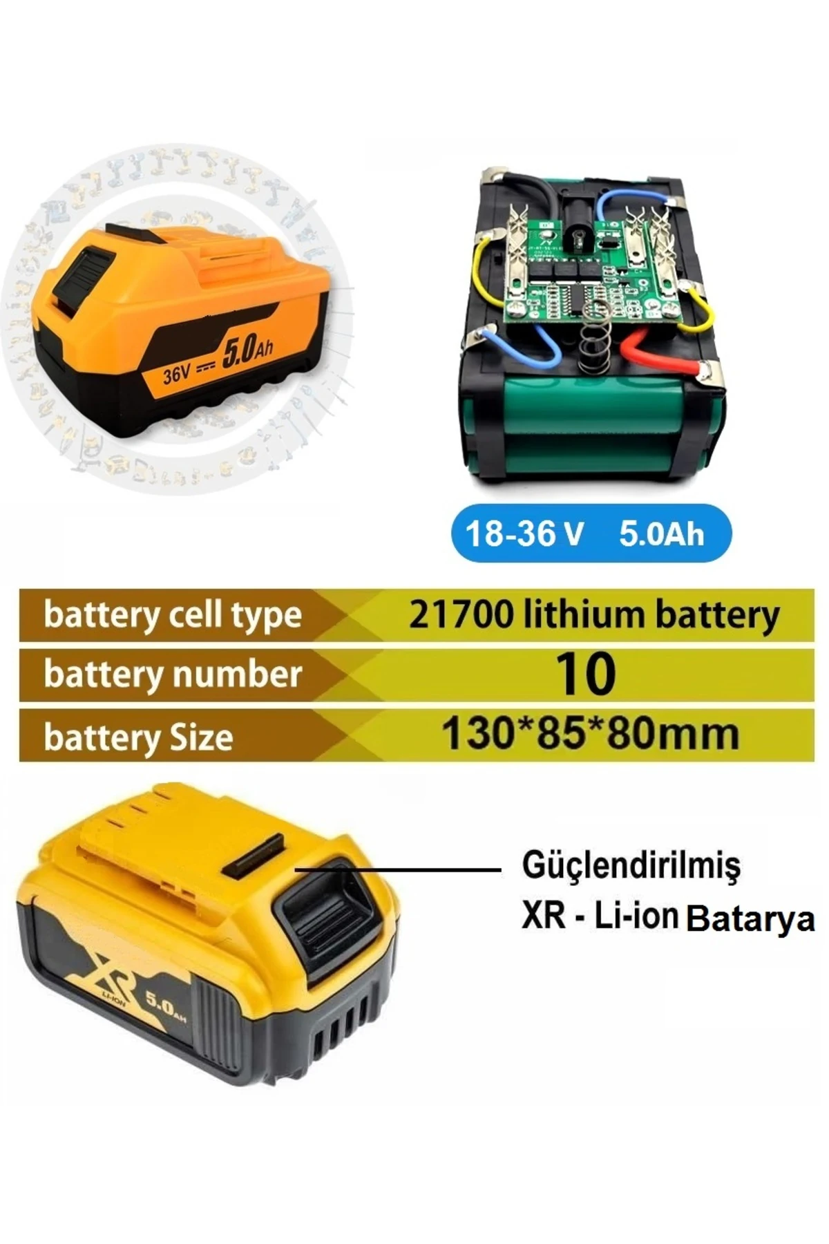 Şarjlı Matkap Için Yedek Batarya 18v 21v 36v Volt Şarjlı Makine Aküsü 10lu 18650 pil grubu 5.0 Amper