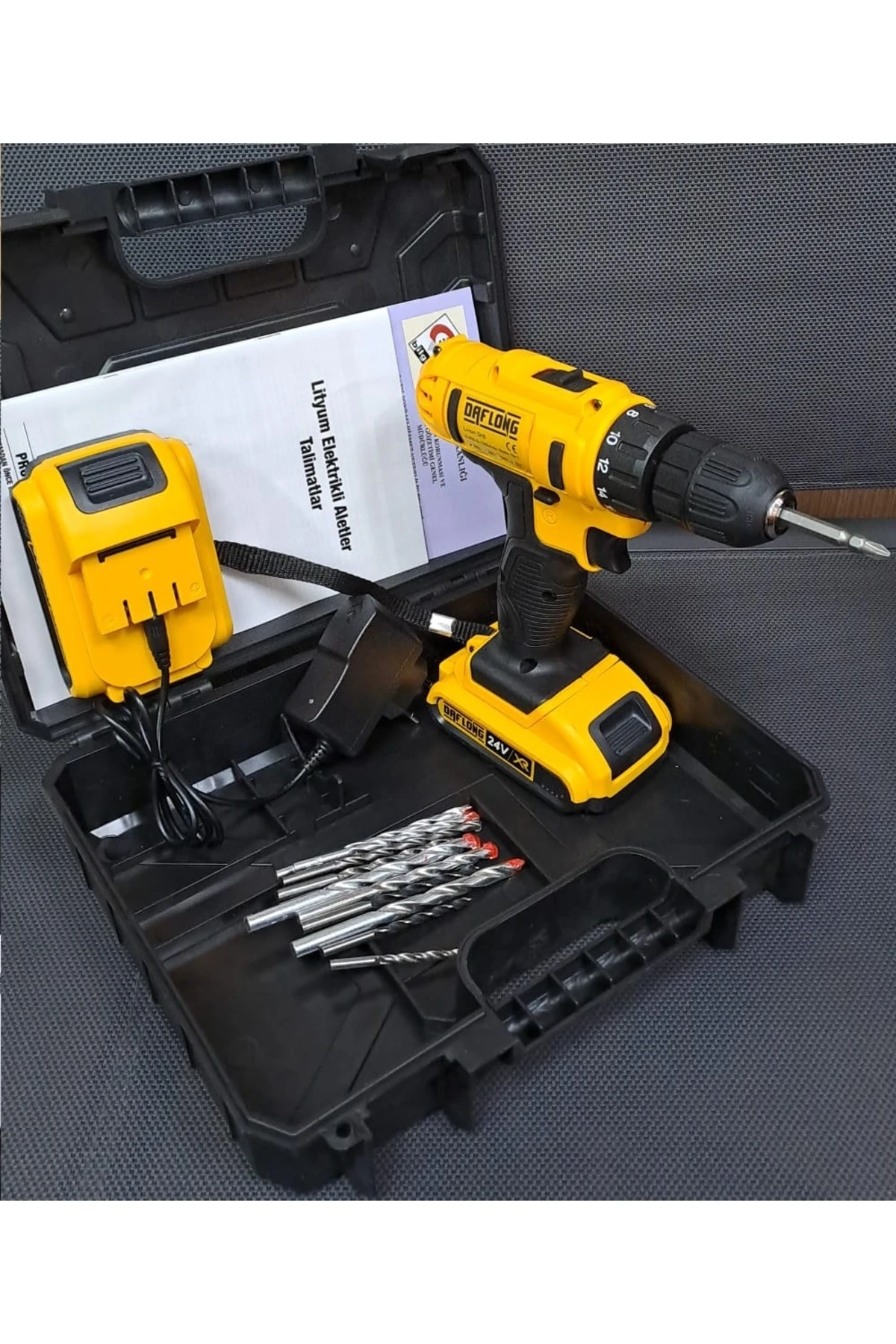 Şarjlı Kablosuz Matkap 24 Volt Akülü Torklu Vidalama Delme Sökme Takma 2 Akülü 10lu Matkap Ucu