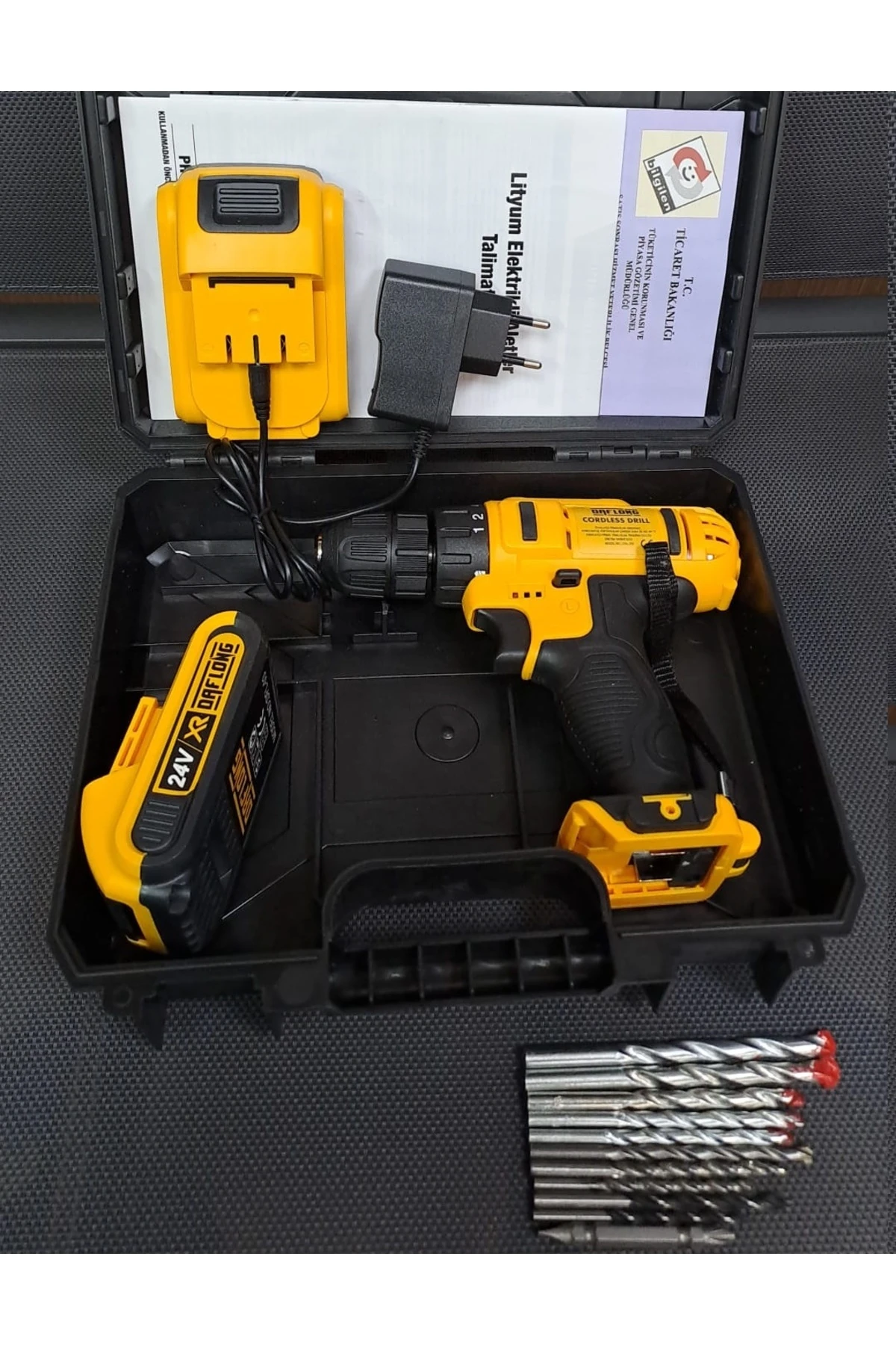 Şarjlı Kablosuz Matkap 24 Volt Akülü Torklu Vidalama Delme Sökme Takma 2 Akülü 10lu Matkap Ucu