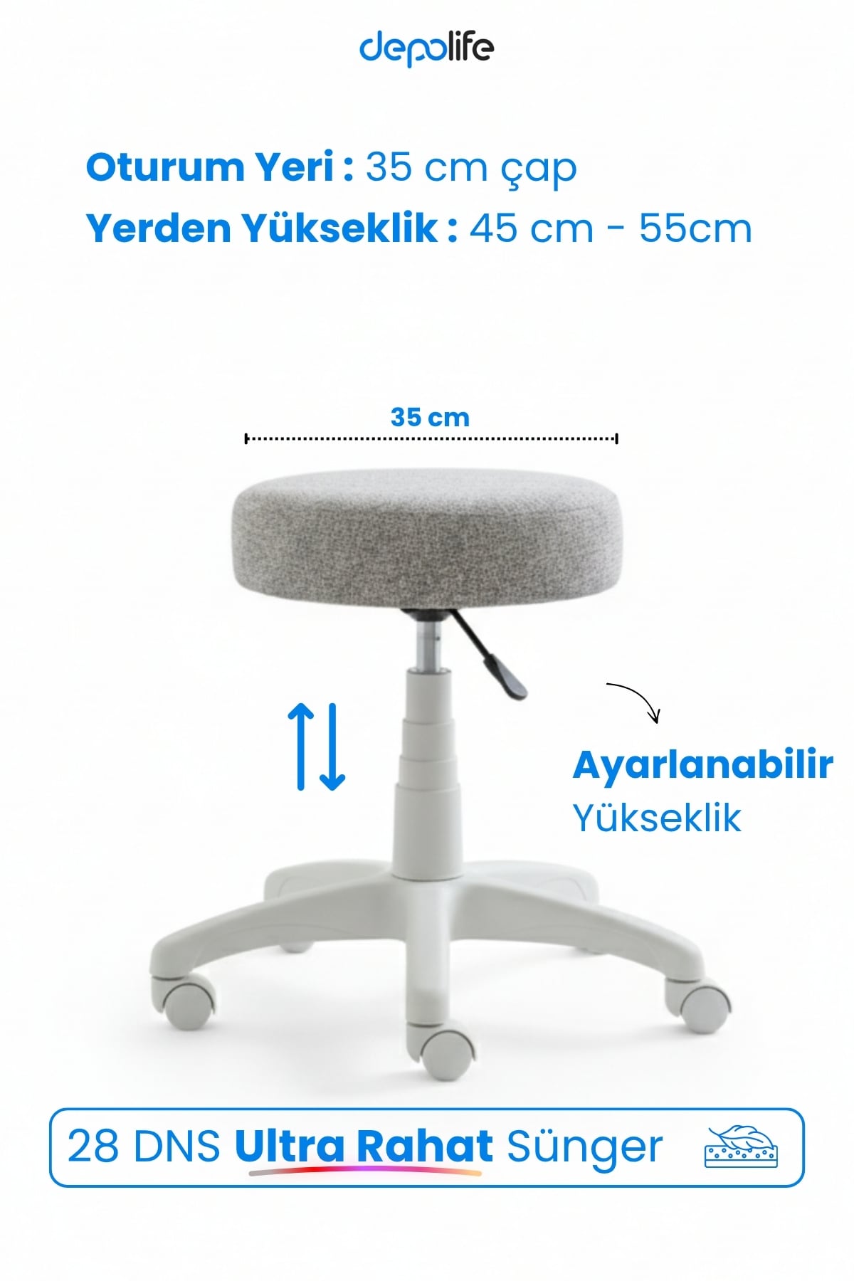 Tedy Serisi Yükseklik Ayarlı Ergonomik Ofis Kasiyer Sekreter Makyaj Tekerlekli Sandalye Çalışma Taburesi
