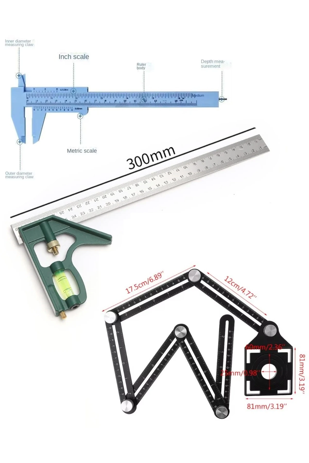 Mühendis Mimar Marangoz cizim Kalıplama Tarağı Kombine Gönye cizim Şablon Cetvel Kumpas Seti 45°/90°