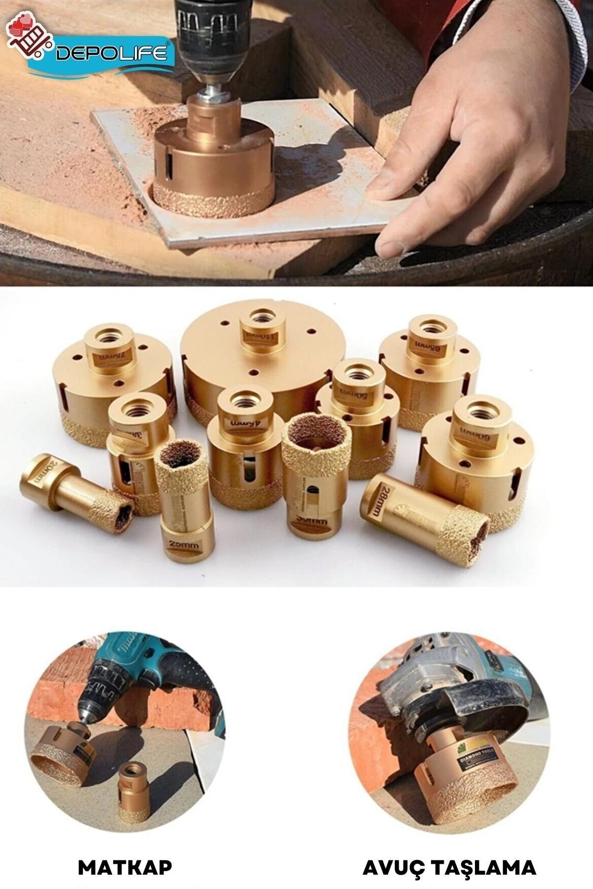 38mm + 65mm Granit Mermer Seramik Beton Taş Delme Panç Spiral Avuç Taşlama Matkap Uyumlu M14 Aparat