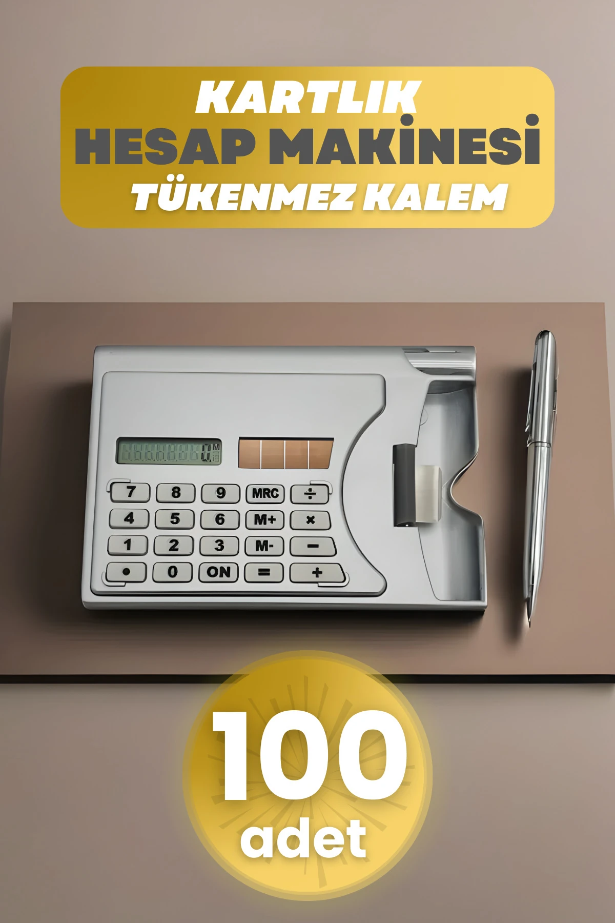 100 Adet Taşınabilir Hesap Makinesi Güneş Enerjili Kartvizitlik Tükenmez Kalem Cep Tipi Calculator