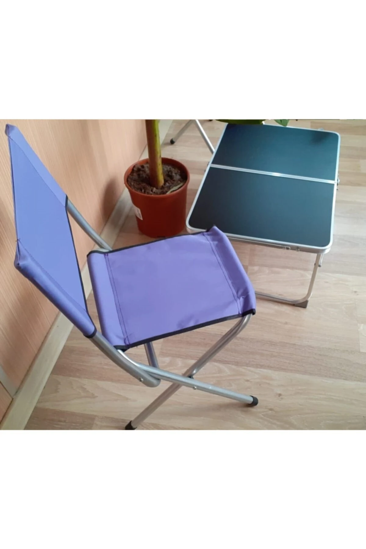 Piknik Kamp Balıkçı Tabure Ve Masa Seti 2 Adet Sırtlı Katlanır Tabure Çantalı 3 Parça Bahçe Seti Mor
