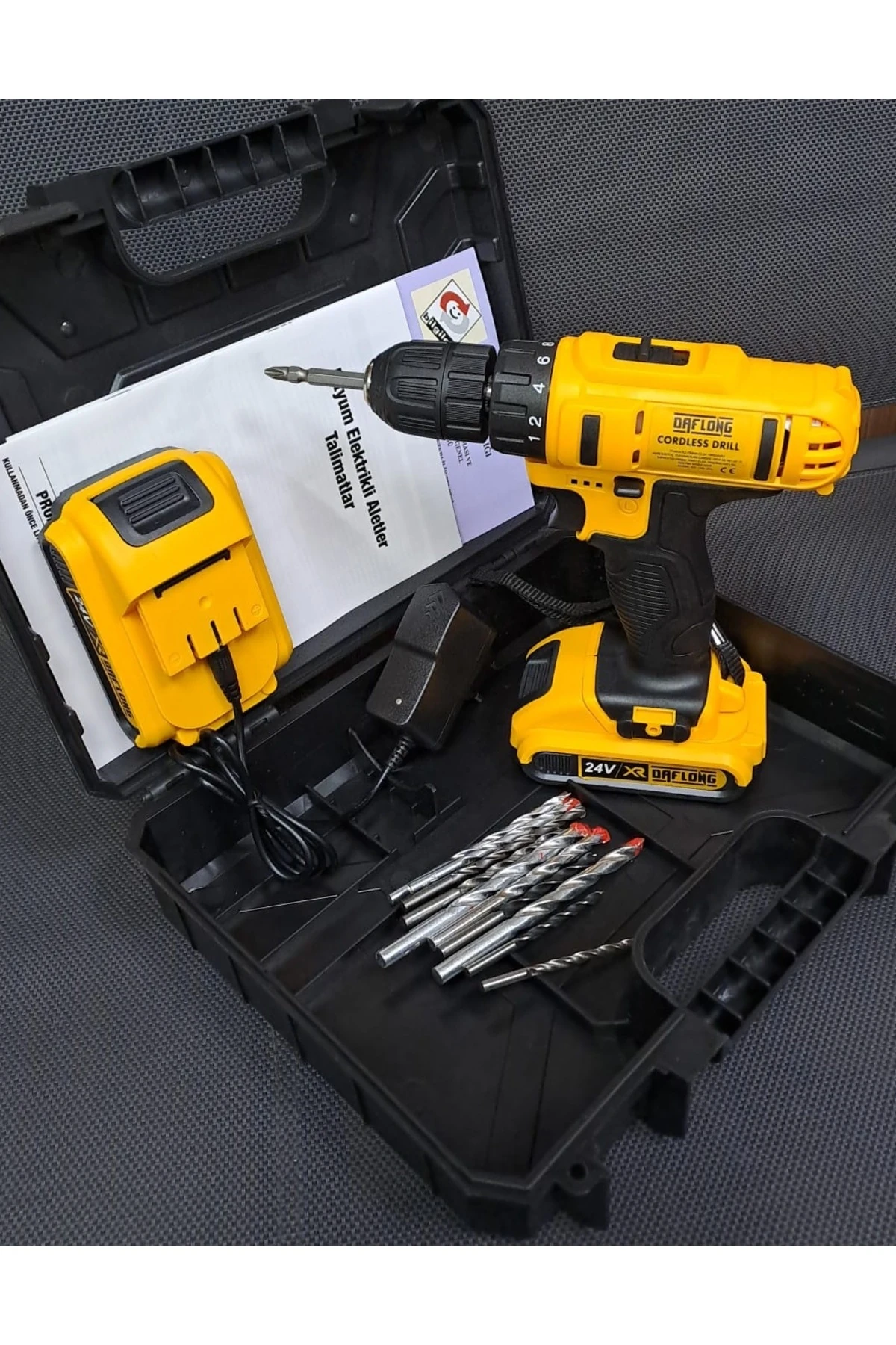 Şarjlı Kablosuz Matkap 24 Volt Akülü Torklu Vidalama Delme Sökme Takma 2 Akülü 10lu Matkap Ucu