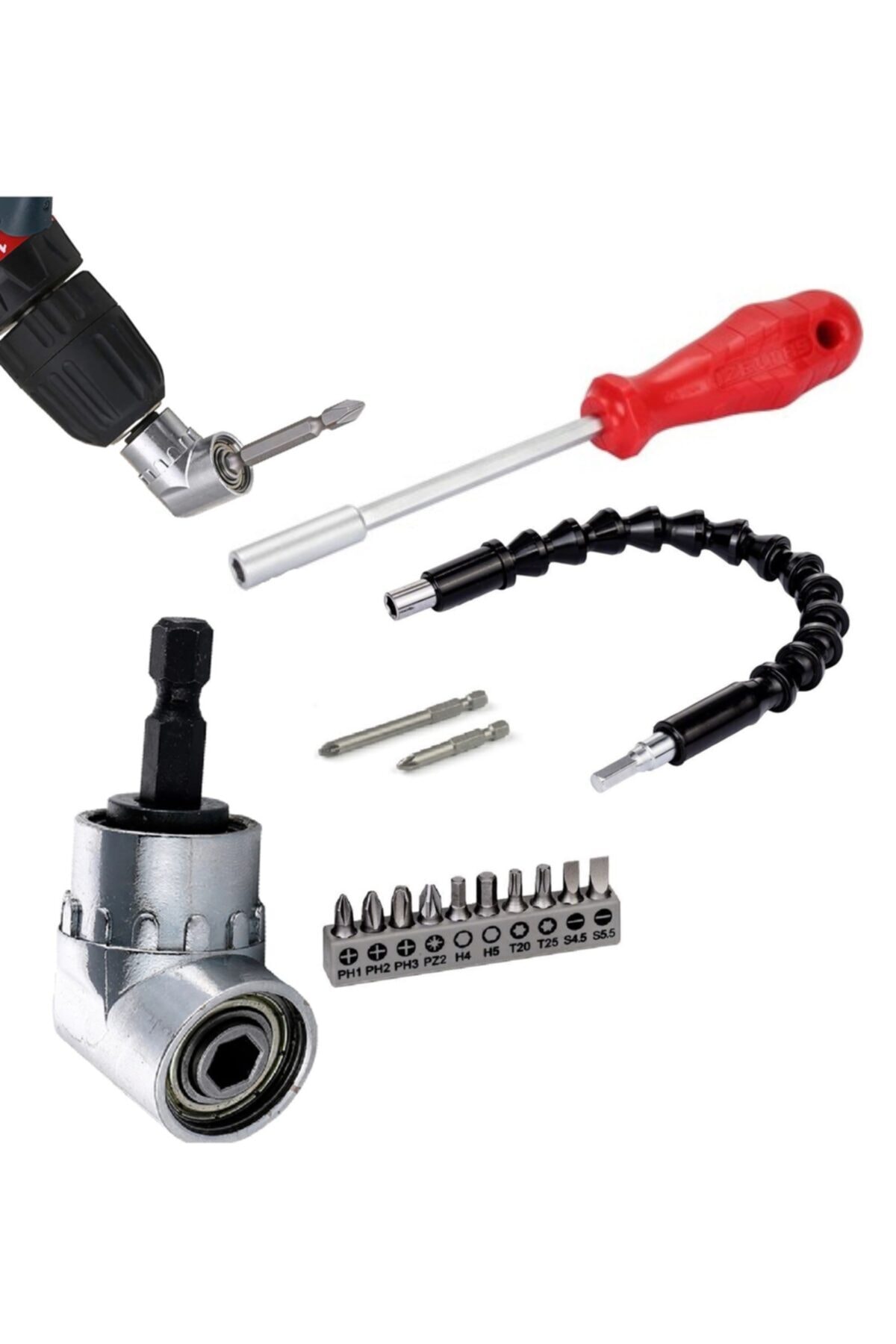 Köşe Vidalama 1/4 Hex Adaptörü Altıgen Bits Tornavida Esnek Hortum Lokma Tornavida 15 Parça Matkap