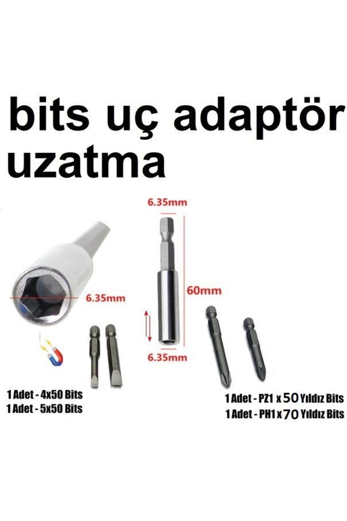 Altıgen 1/4 Hex Bits Şaftlı Manyetik Hızlı Vidalama Uzatma Aparatı Vida Metal Ahşap Düz 4 Adet Uç