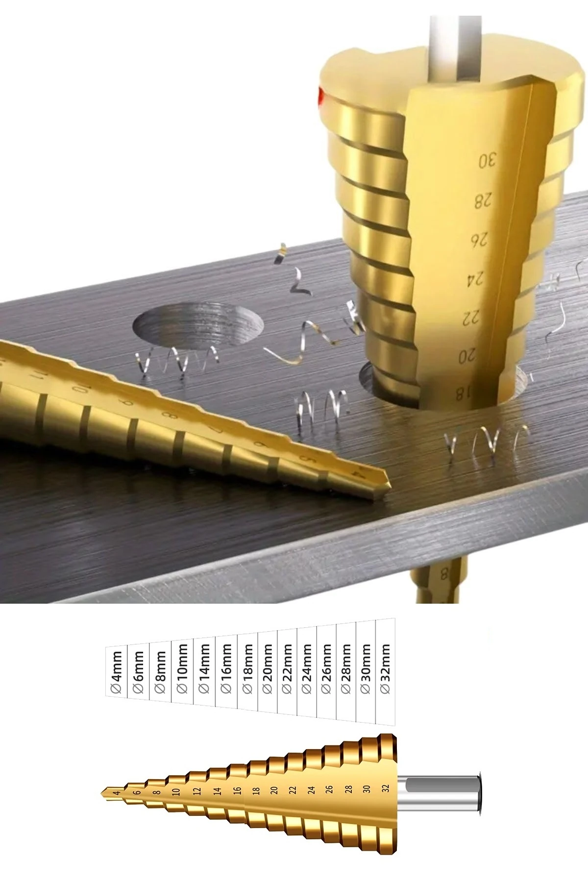 HSS Matkap Freze Uc Seti Pah Kırma Raybalama Kademeli Adım Delik Açma ucu Kozalak Kesici Titanyum