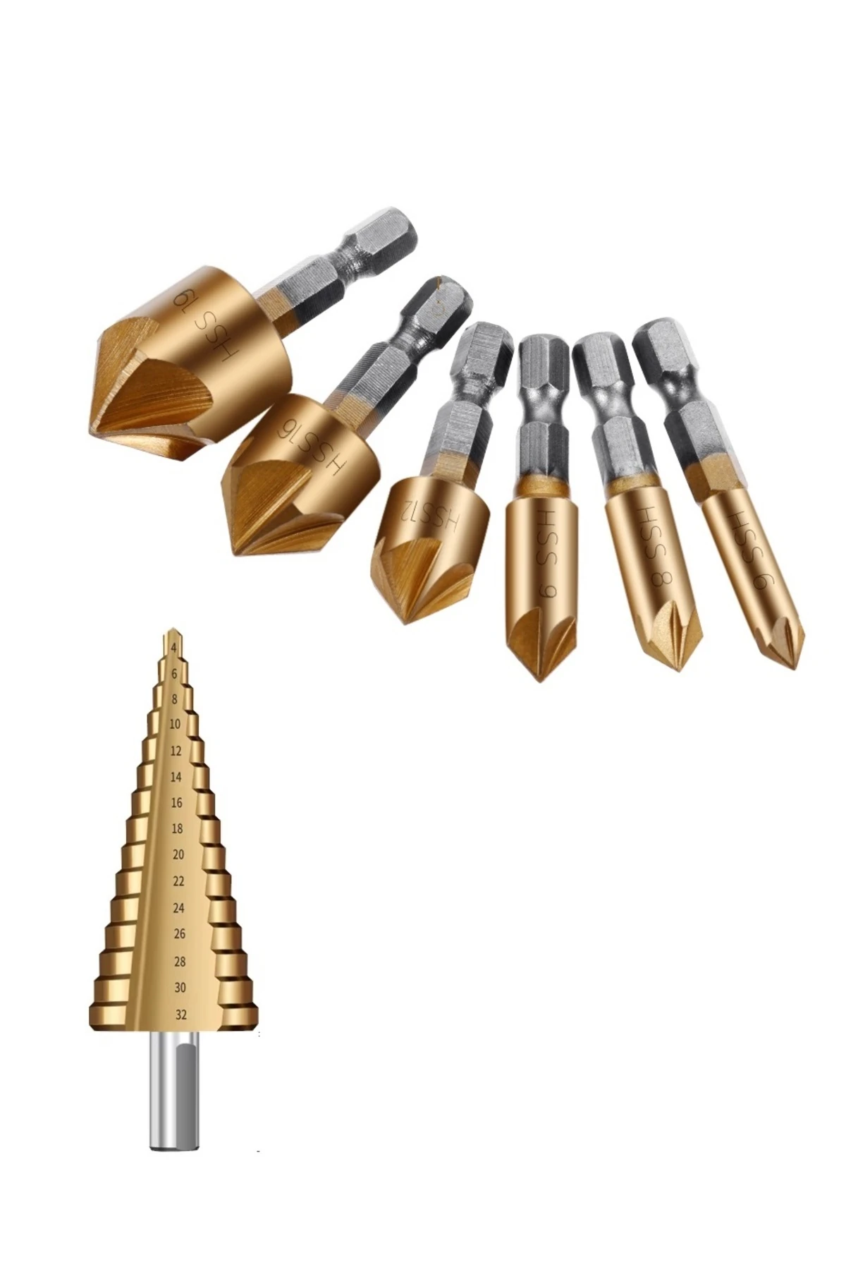 Freze Uç Seti Pah Kırma Adım Kozalak Delik Yiv Havşa Açma Kademeli Delme Pancı Titanyum