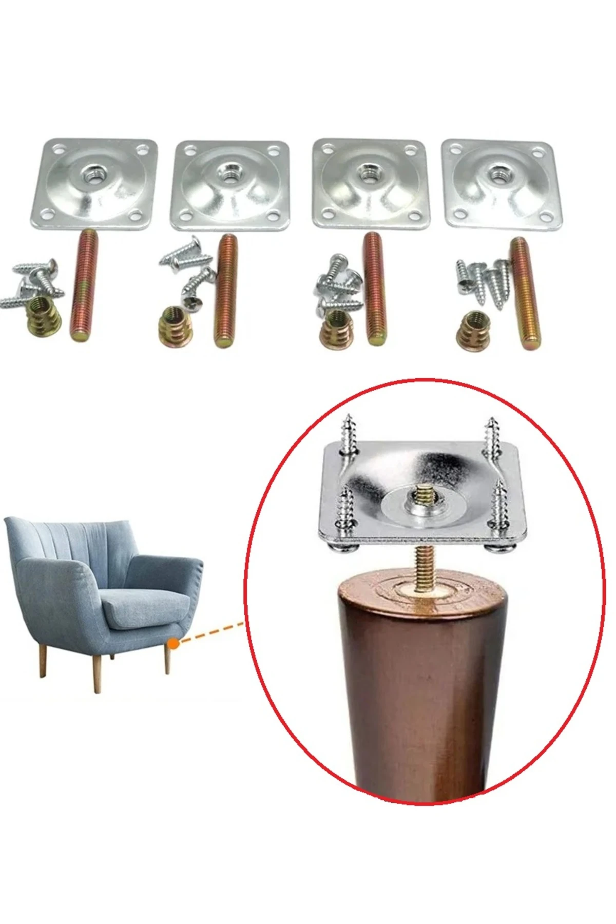 Ahşap Mobilya Ayak montajı için tablalı montaj seti 4lü set braket çekyat koltuk masa ayak montaj