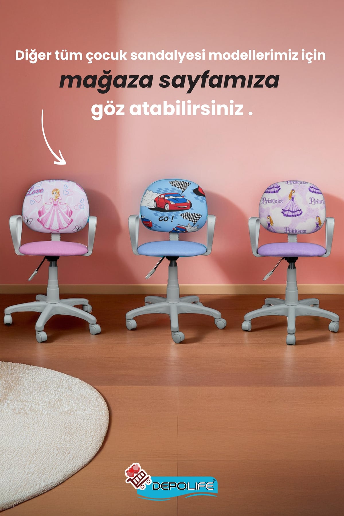 Çocuk Odası Sandalyesi Ders Çalışma Ofis Koltuğu Öğrenci Sandalye Beyaz Tekerli Yükseklik Ayarlı
