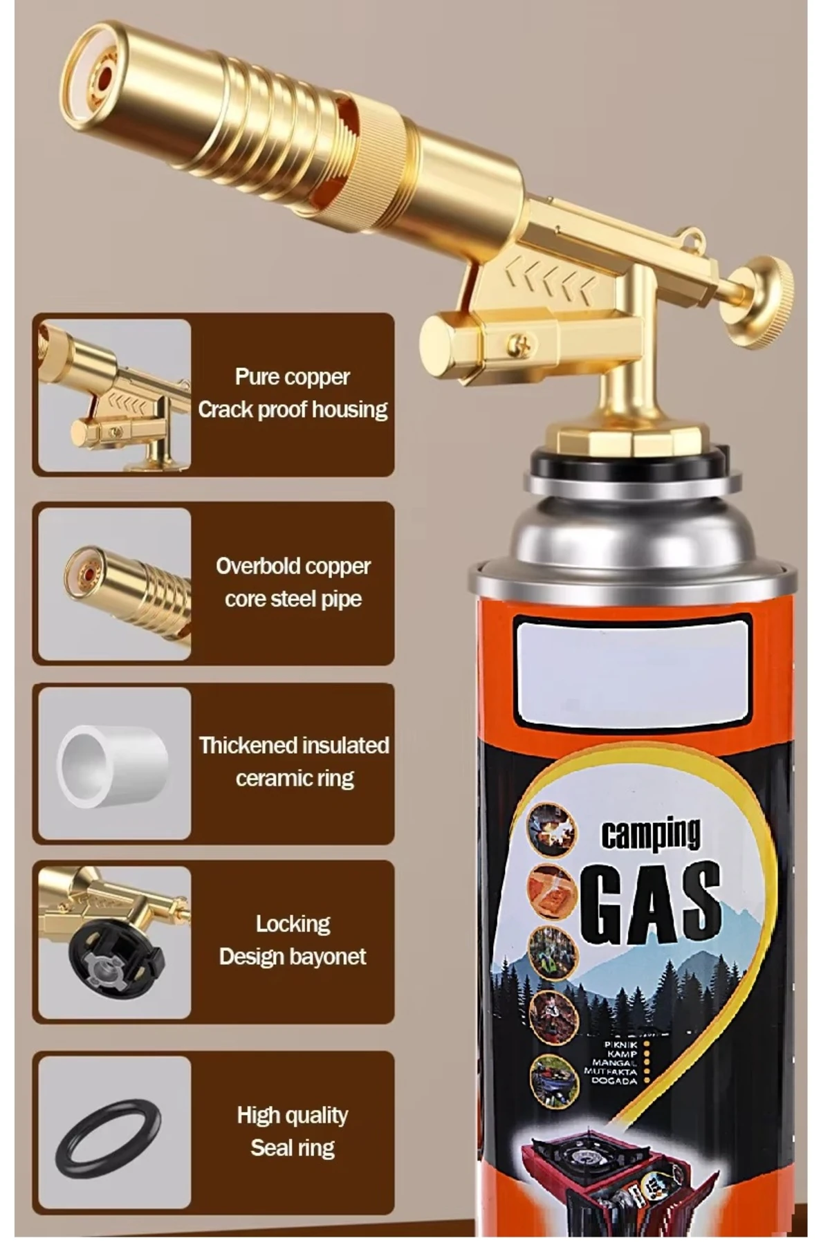 Çakmaklı Metal Pürmüz Kamp Gazı Kartuşlu Piknik Kamp Mangal Mutfak için 4 Adet 400ml Gaz ve  Başlık