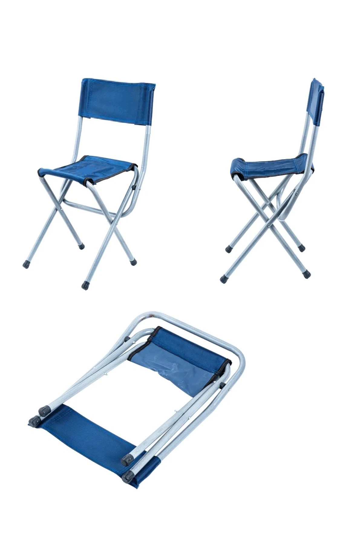 Katlanır Balıkçı Taburesi Piknik Kapm Plaj Doğa Araç Bagajı Metal Ayaklı Sırt Dayanmalı Mavi Kumaş