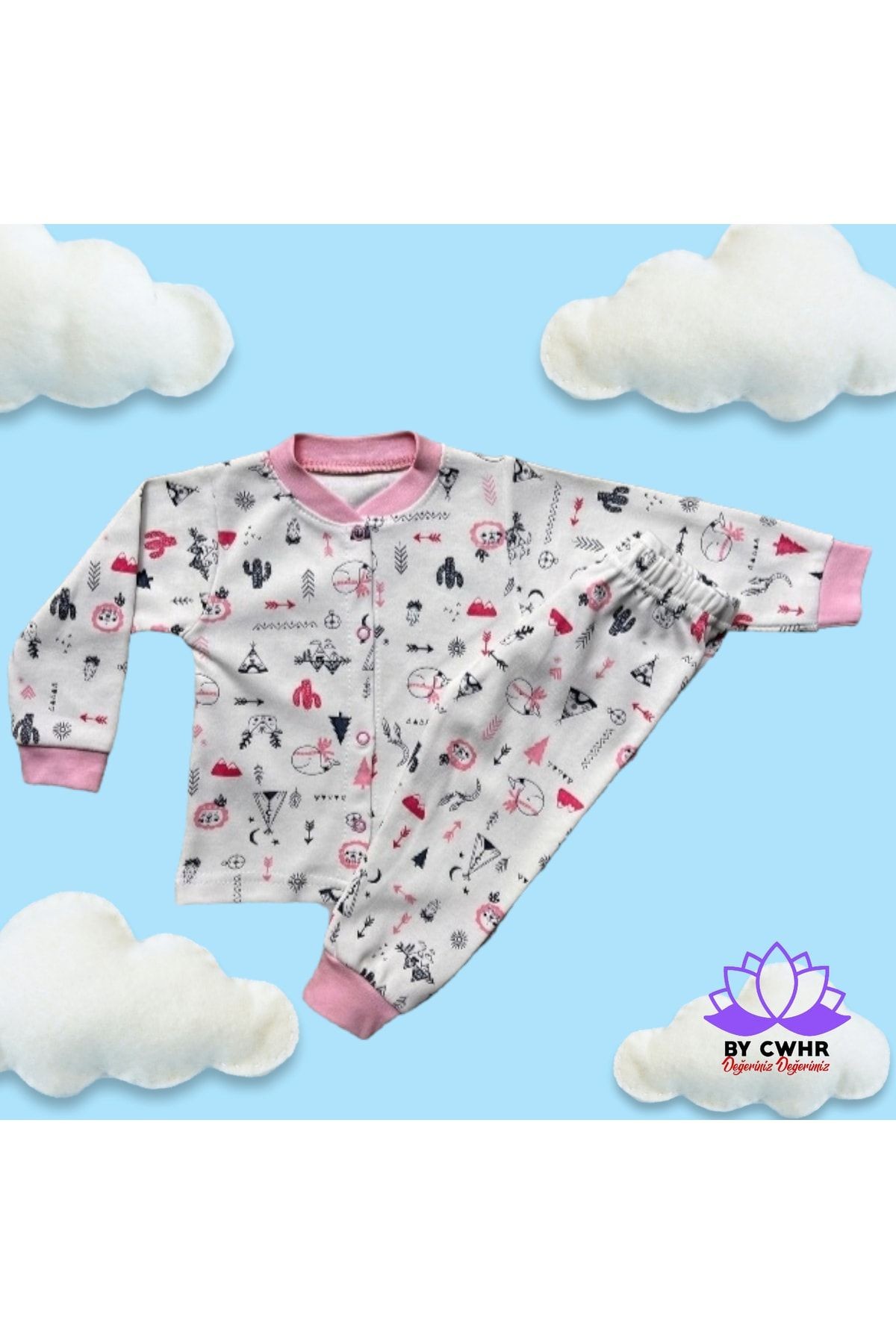 %100 Pamuk Önden Çıtçıtlı Tavşan Baskılı Kız Çocuk Pijama Takımı Mevsimlik Kız Çocuk Pijama Takımı