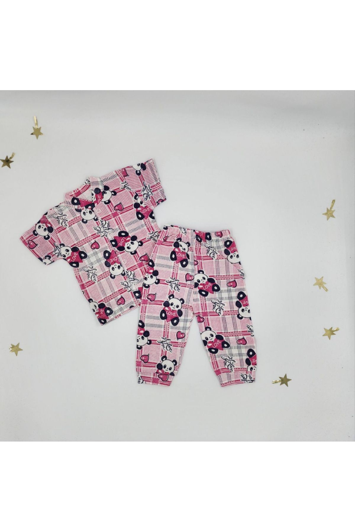 %100 Pamuk Penye Kısa Kollu Ayıcık Desenli Kız Bebek Pijama Takımı, Çocuk Yazlık Pijama Takımı