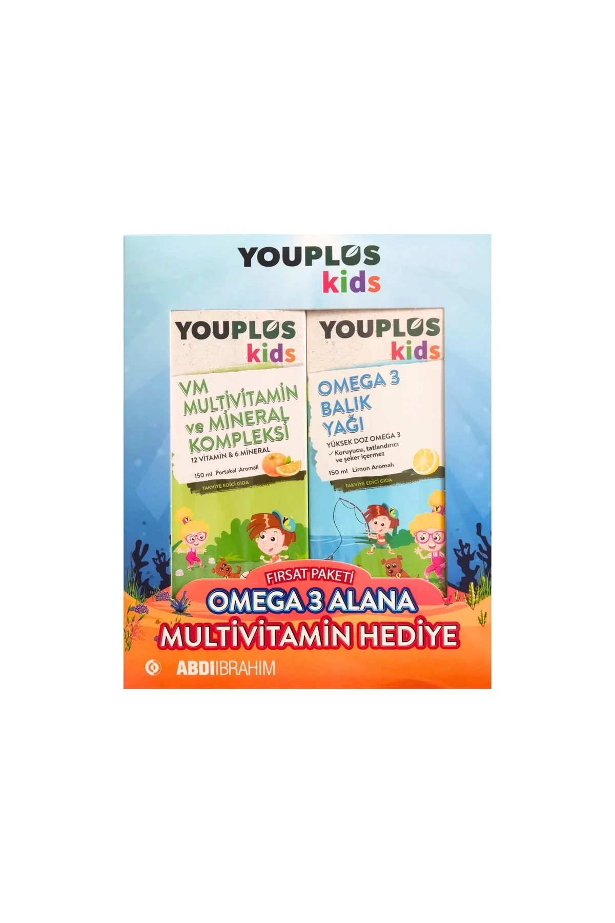 YOUPLUS Omega 3 Balık Yağı Limon Aromalı 150 ml(150 ml Multivitamin Portakal Aromalı Hediyeli)