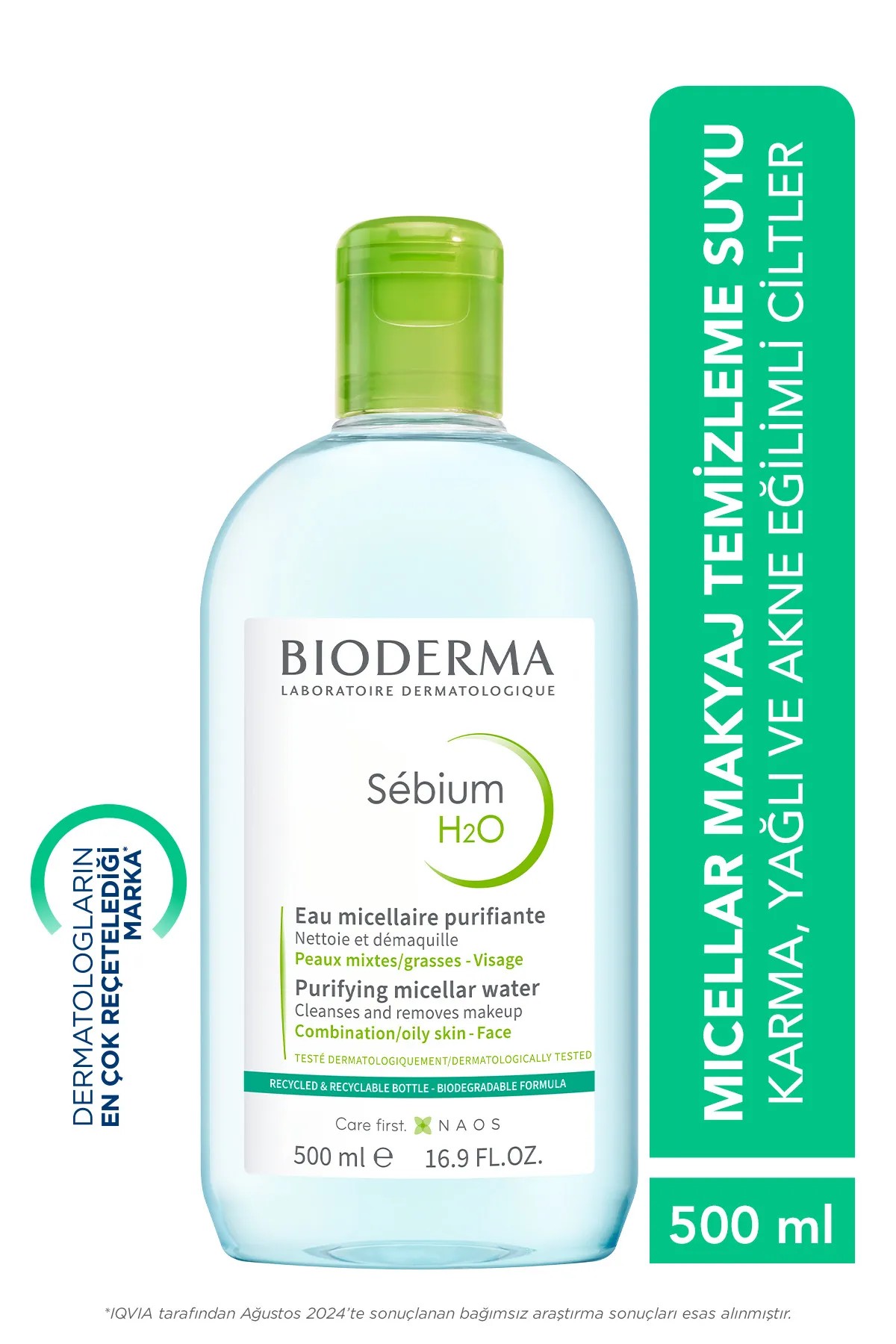 Sebium H2O Karma, Yağlı ve Akne Eğilimli Ciltler için Micellar Makyaj Temizleme Suyu 500 ml