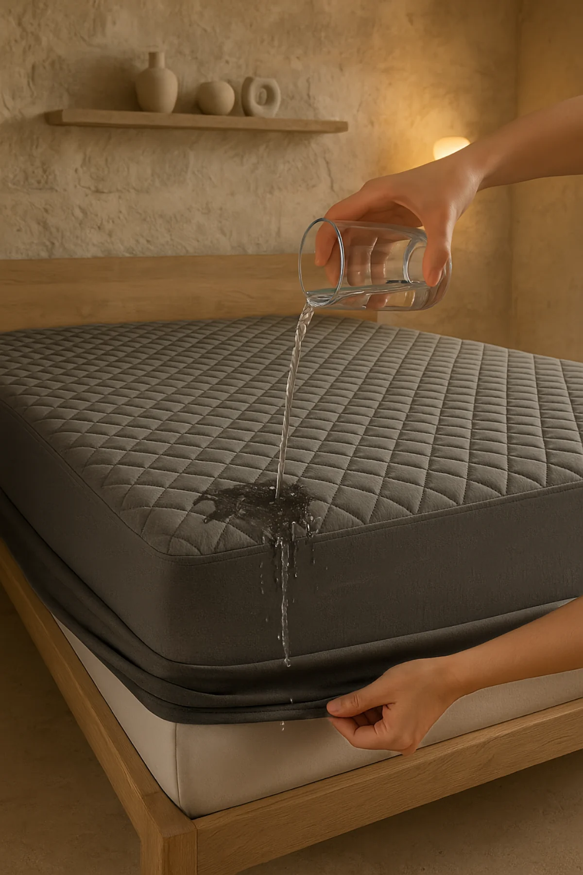 Pamuklu Sıvı Geçirmez Fitted Gri Kapitone Yatak Alezi