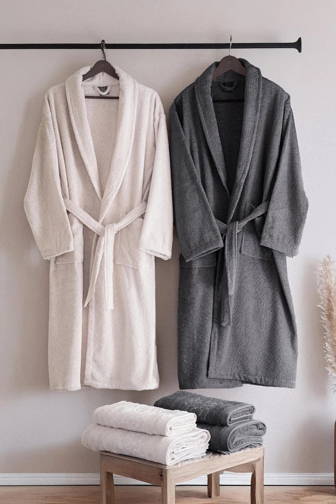 Taş Desen 6 Parça Aile Bornoz Seti Antrasit - Krem