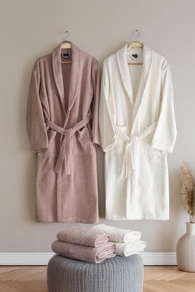 Taş Desen 6 Parça Aile Bornoz Seti Pudra - Krem