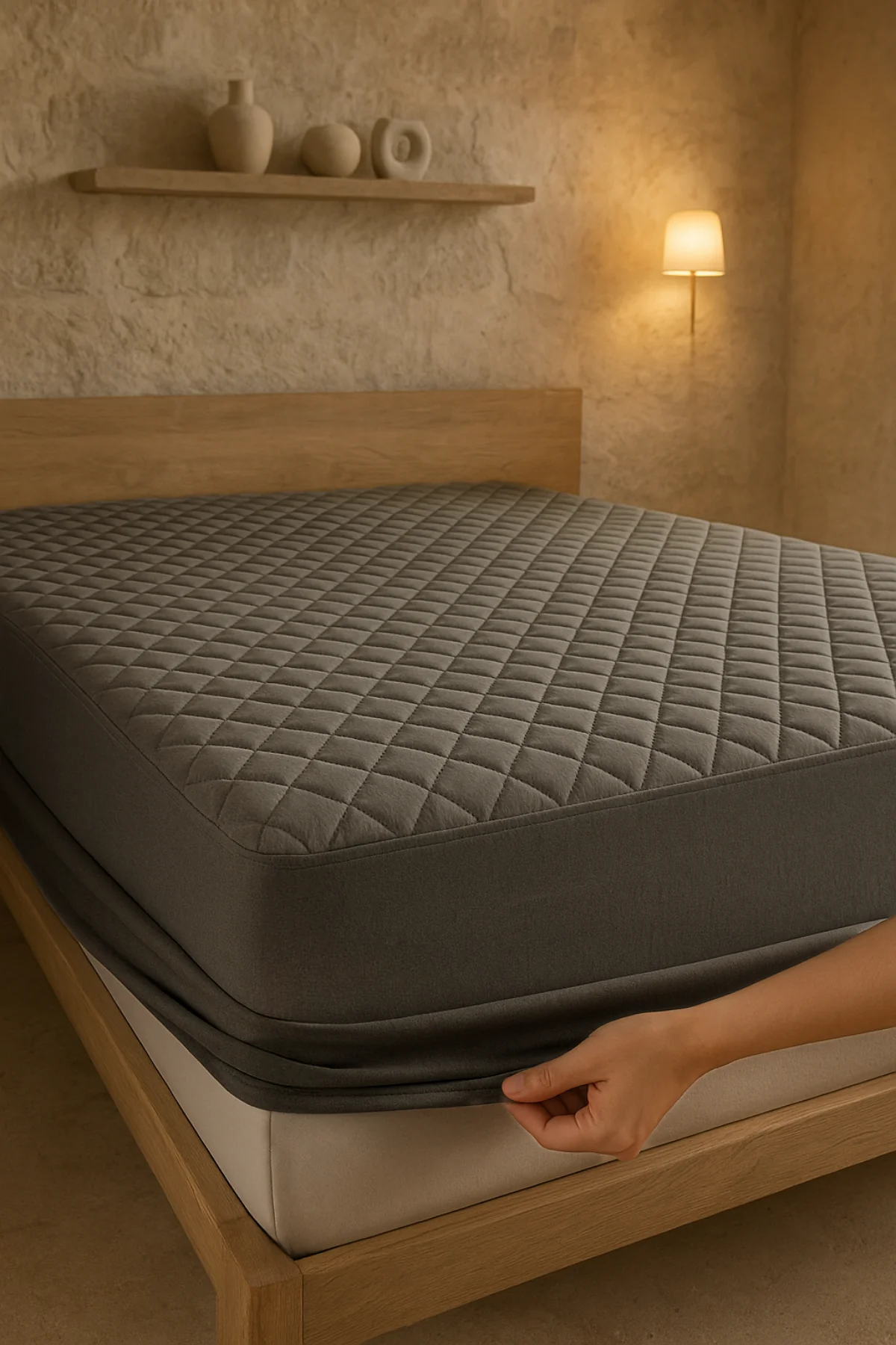 Pamuklu Kapitoneli Fitted Telalı Gri Yatak Koruyucu