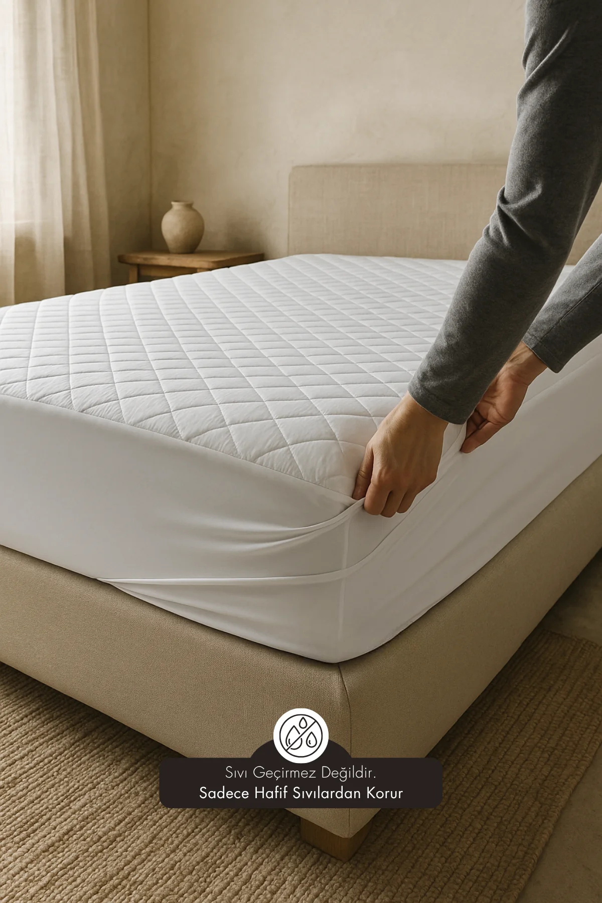 Pamuklu Kapitoneli Fitted Telalı Beyaz Yatak Koruyucu