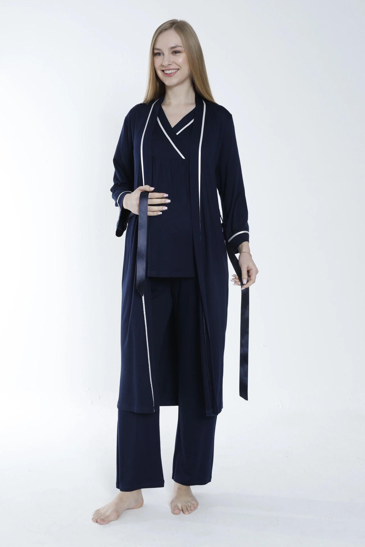 4375 Sabahlıklı Şerit Detaylı Hamile ve Lohusa Pijama Takımı - Lacivert