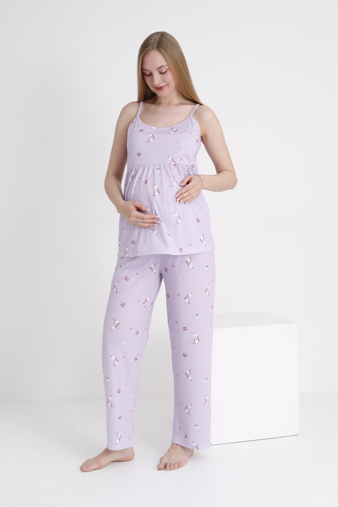 4473 Çiçek Desenli Hamile ve Lohusa Askılı Pijama Takım