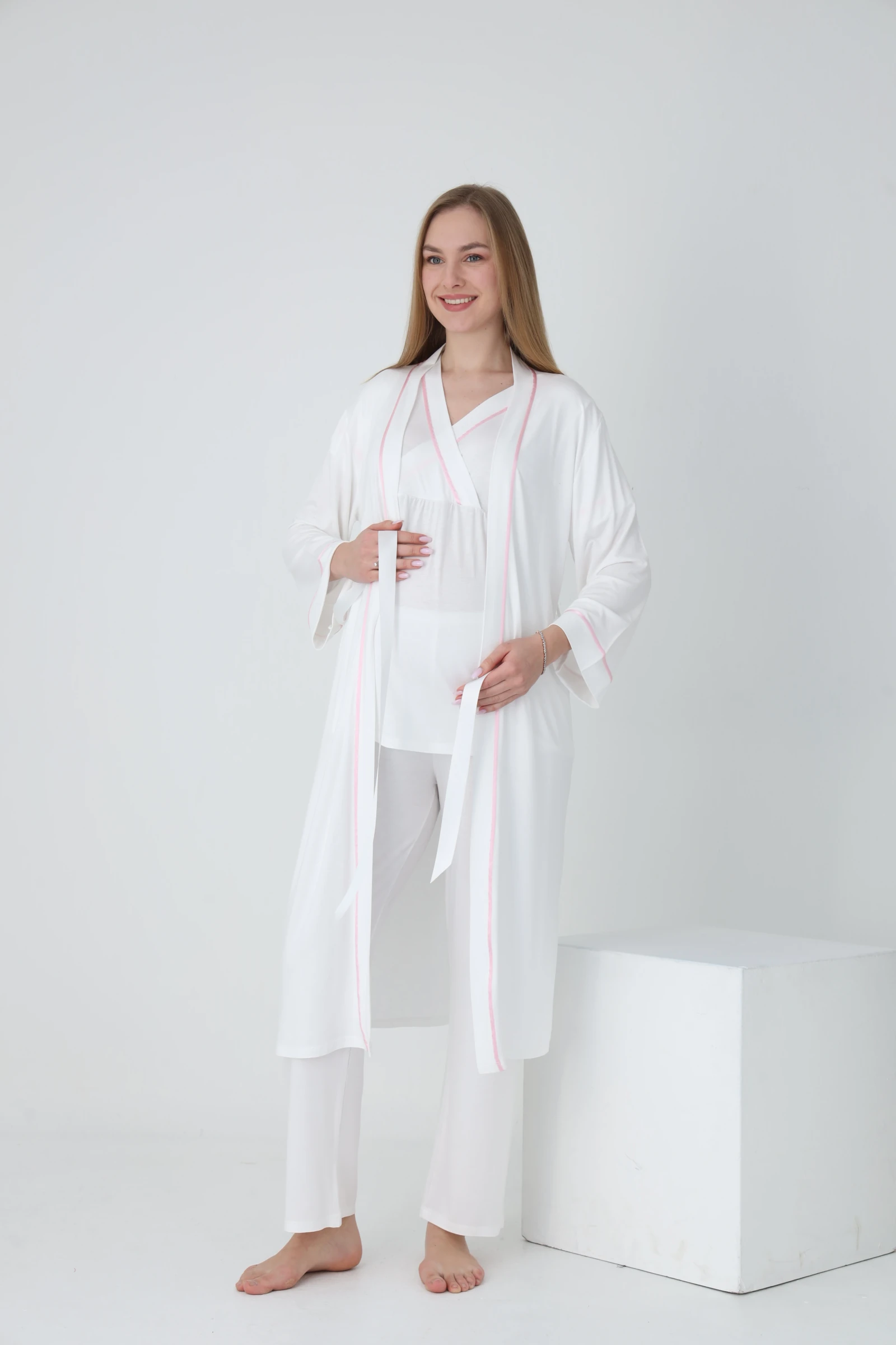 4375 Sabahlıklı Şerit Detaylı Hamile ve Lohusa Pijama Takımı - Beyaz - Pembe Biyeli