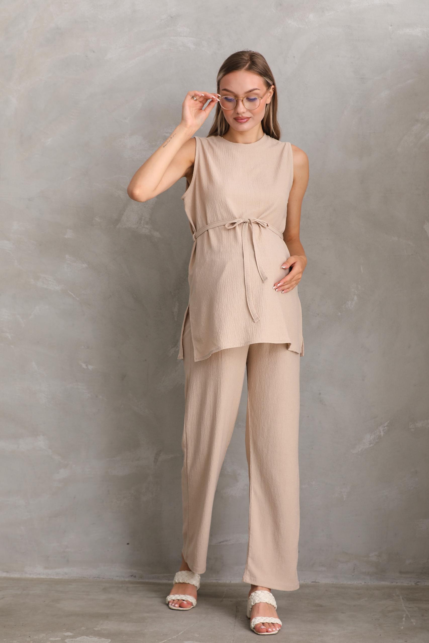 4410 Hamile ve Lohusa Önden Kuşaklı Detaylı Kolsuz Alt-Üst Takımı 