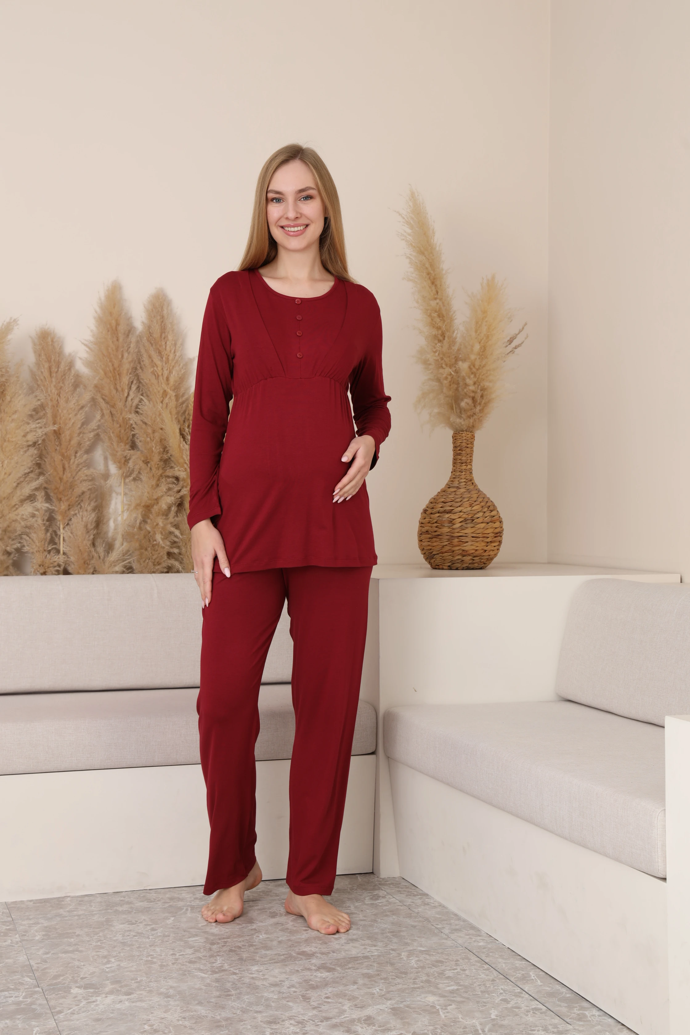 Aria Çizgili Sabahlıklı Emzirmeye Uygun Hamile ve Lohusa Pijama Takımı 4539