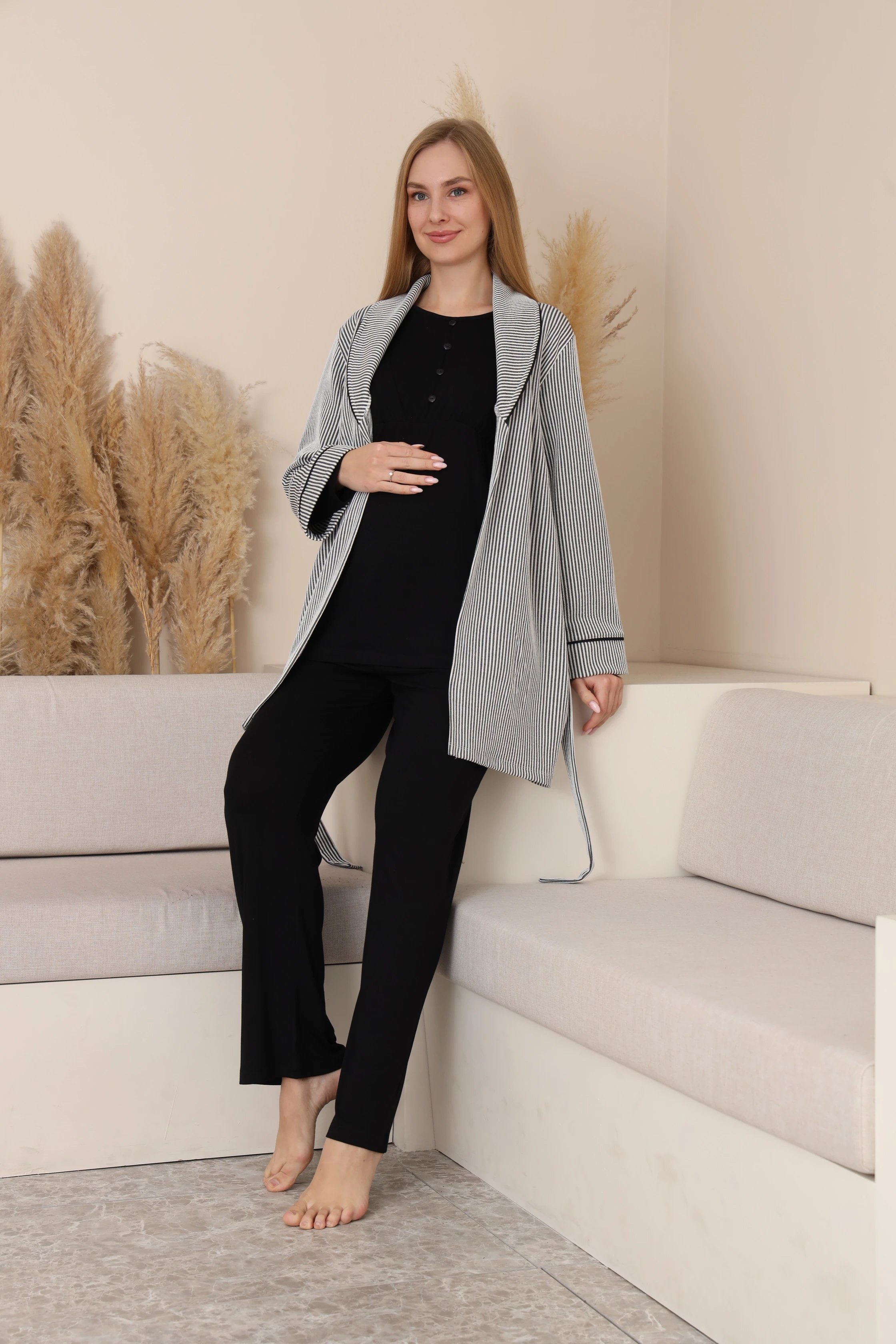 Aria Çizgili Sabahlıklı Emzirmeye Uygun Hamile ve Lohusa Pijama Takımı 4539 - Siyah