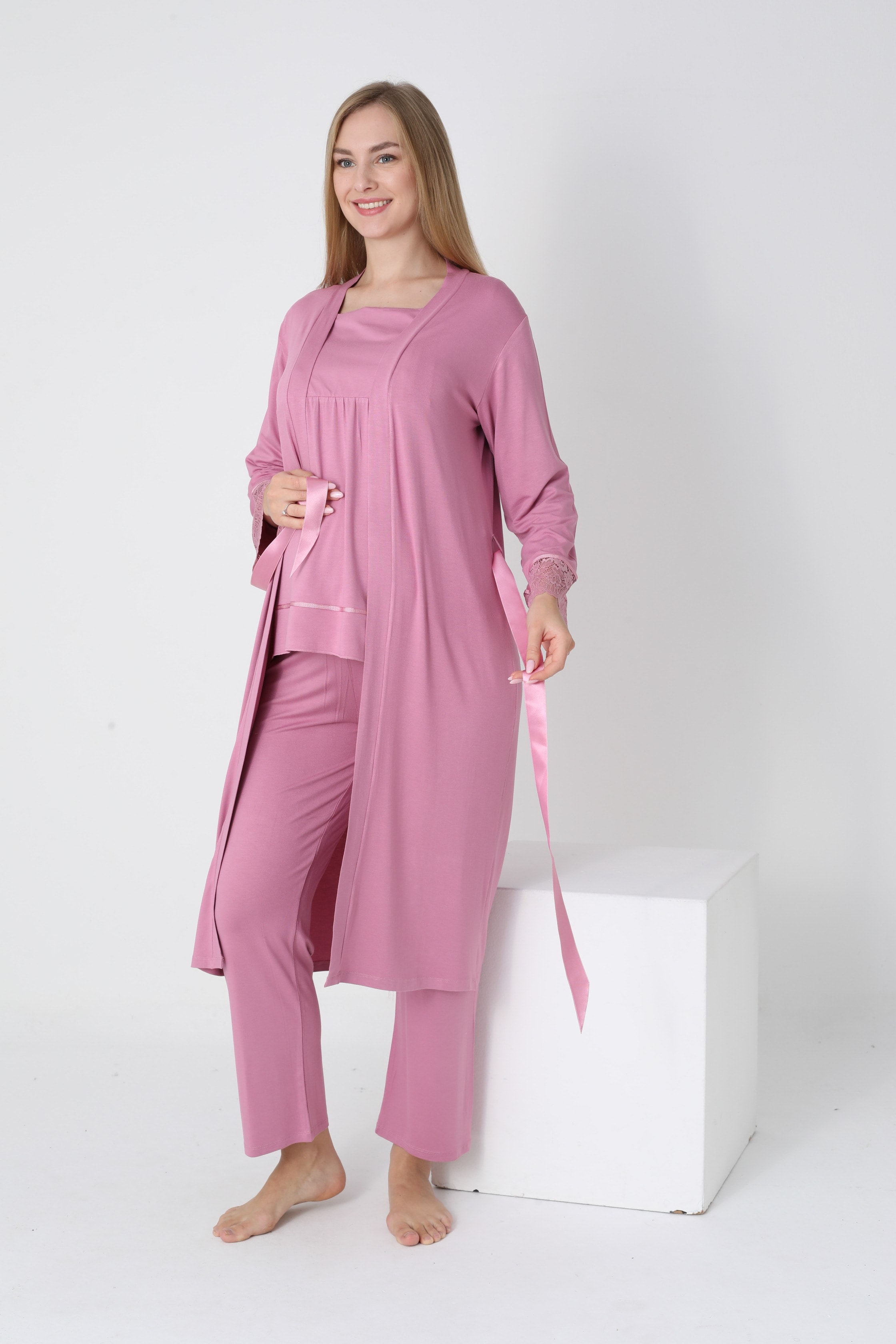 4530 Uzun Sabahlıklı Emzirmeye Uygun Uzun Kol Hamile ve Lohusa Pijama Takımı - Gül Kurusu