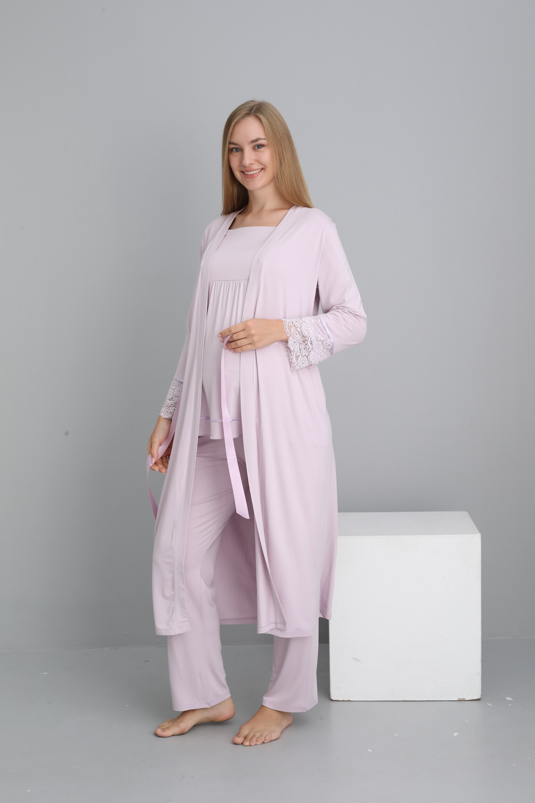 4530 Uzun Sabahlıklı Emzirmeye Uygun Uzun Kol Hamile ve Lohusa Pijama Takımı - Lila
