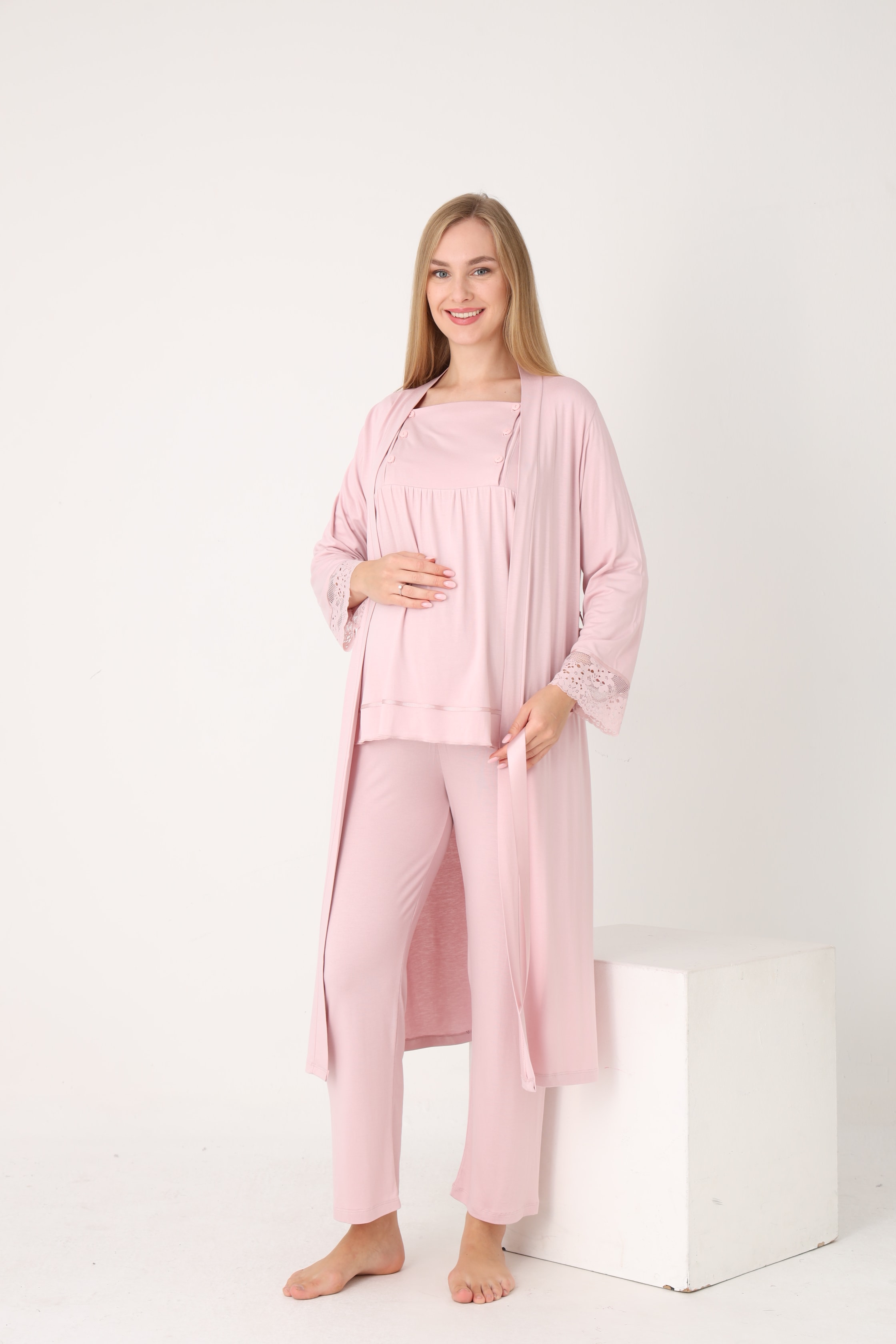 4530 Uzun Sabahlıklı Emzirmeye Uygun Uzun Kol Hamile ve Lohusa Pijama Takımı - Süt Kahve