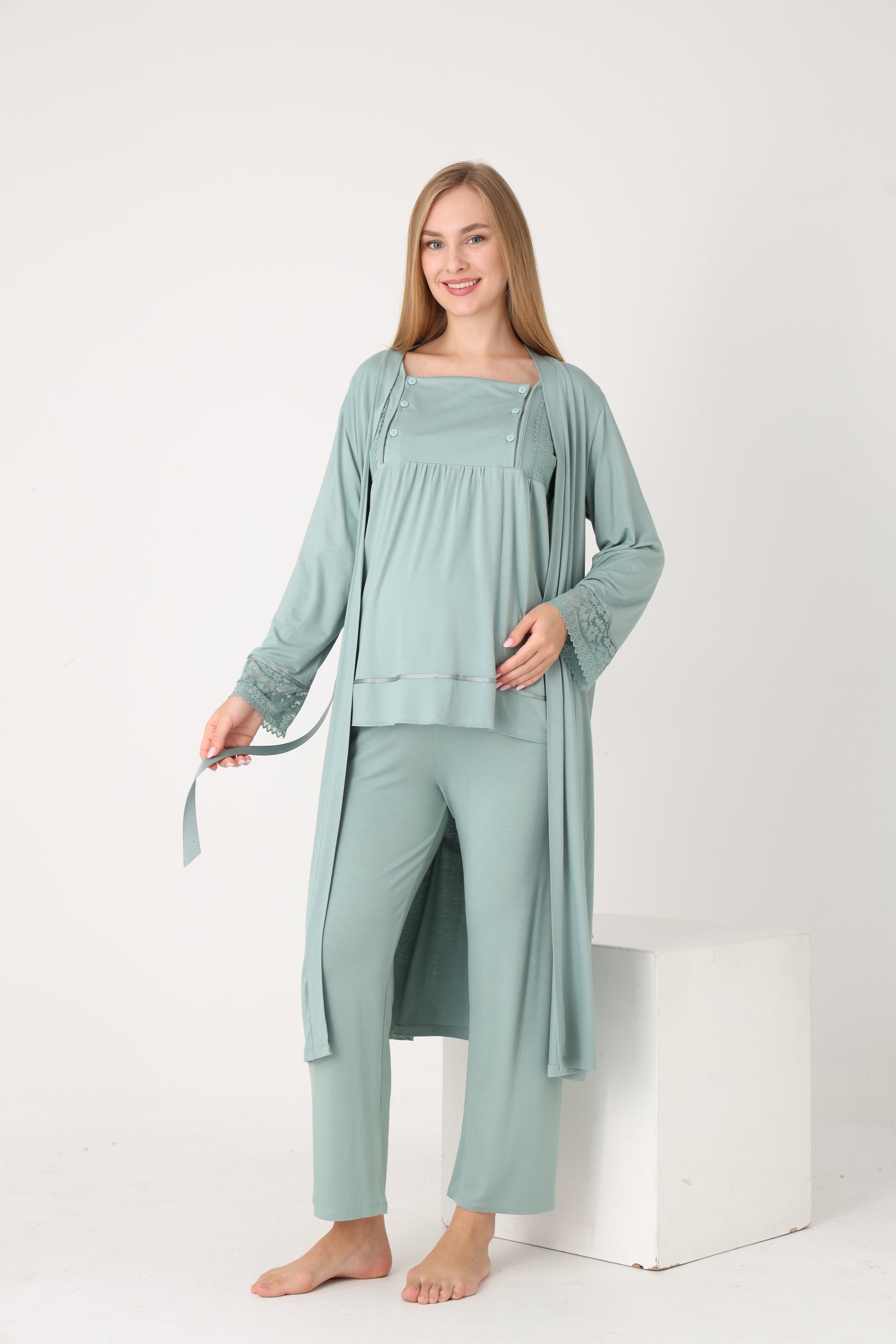 4530 Uzun Sabahlıklı Emzirmeye Uygun Uzun Kol Hamile ve Lohusa Pijama Takımı - Yeşil