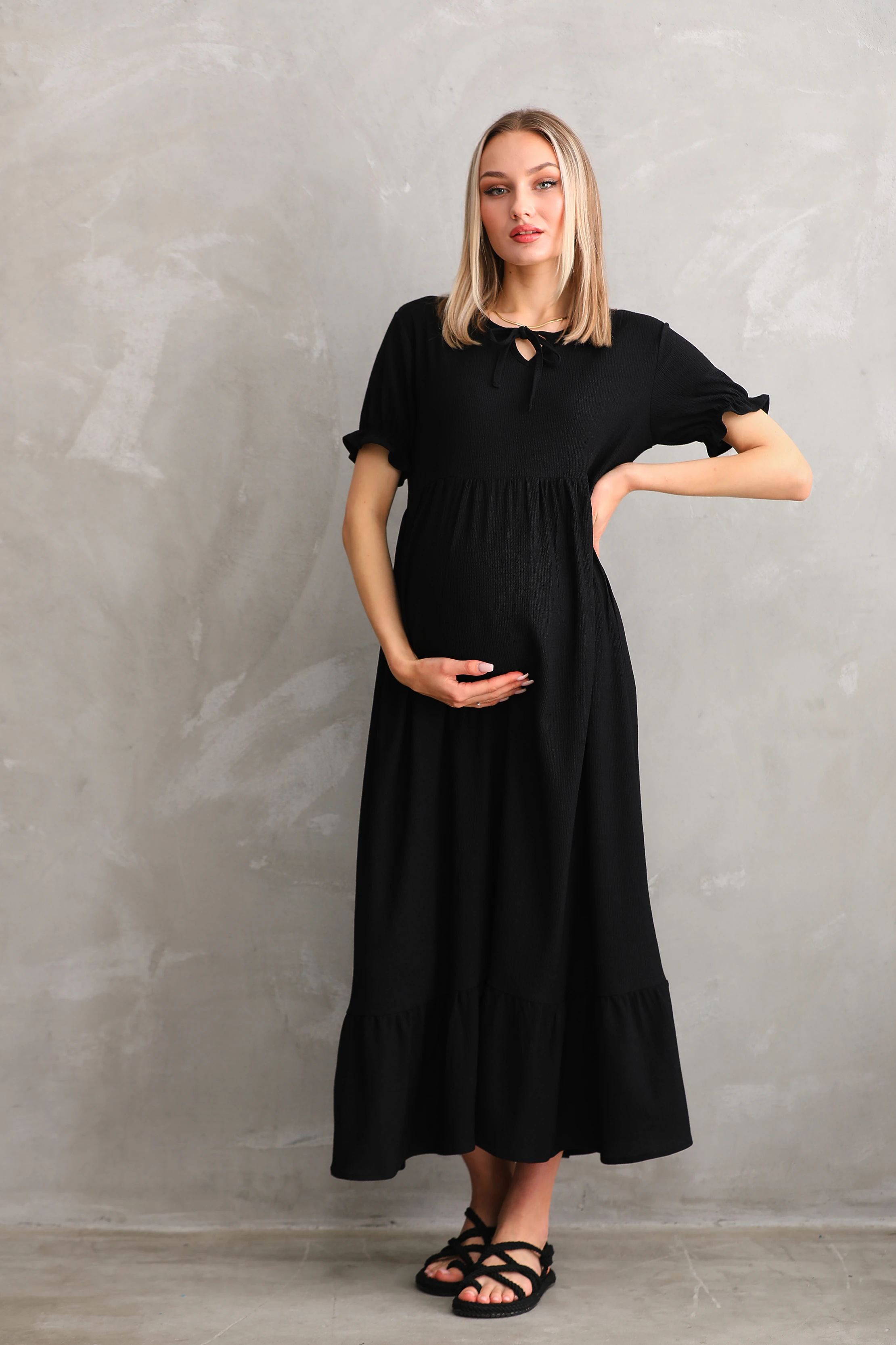 4392 Yaka Kurdele Detaylı Dokuma Hamile ve Lohusa Elbise